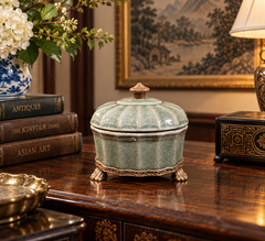 Vintage Celadon Crackle Glazed Lidded Jar with Lion's Paw Feet, 1900s