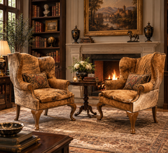 Ein Paar große Vintage-Sessel im George-I-Stil aus Massivholz mit Flügellehnen
