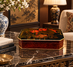 Boîte décorative vintage japonaise laquée noire et rouge, avec couvercle