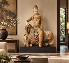 A Large Antique Chinese Carved Timber Figure of Guanyin Riding an Elephant