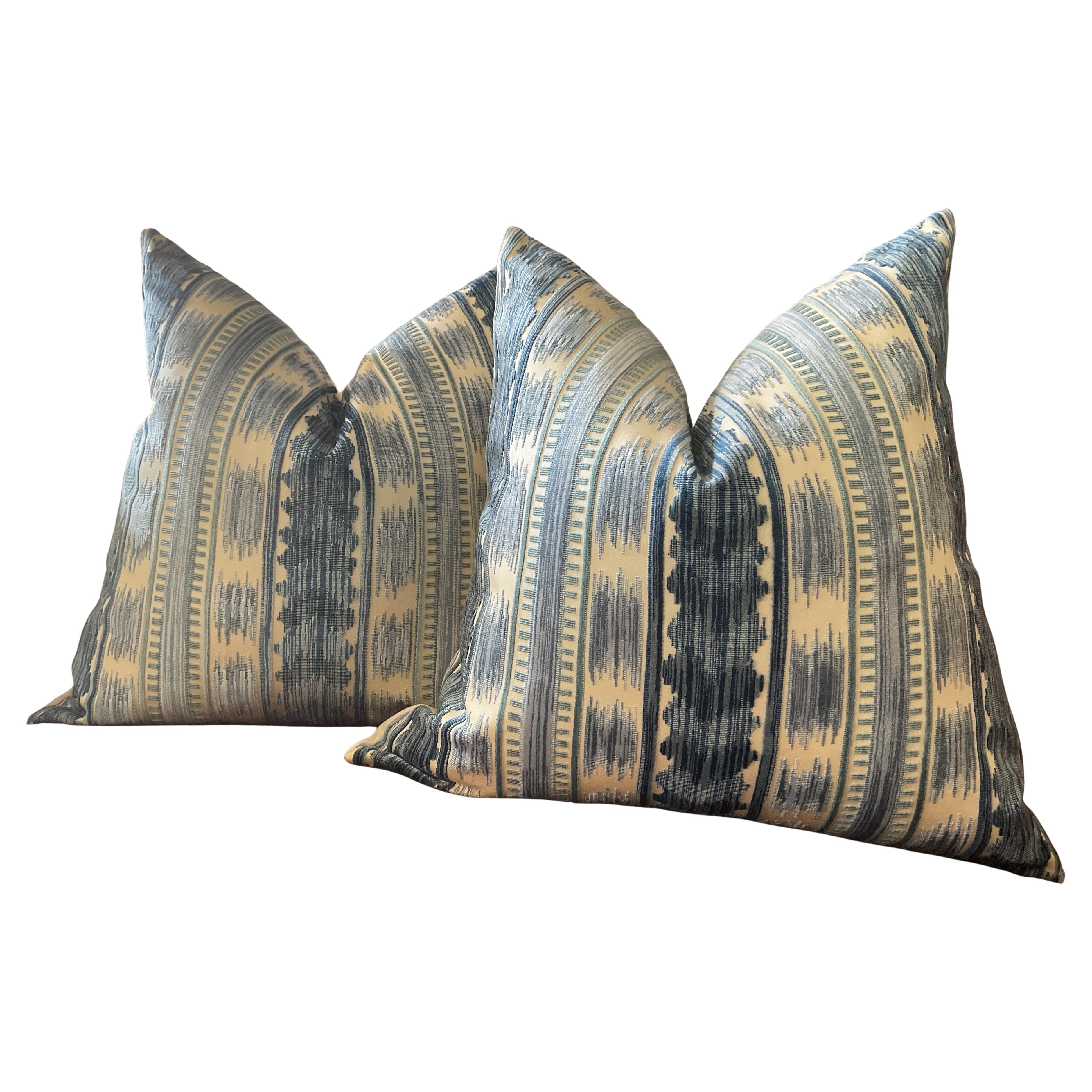Brunschwig & Fils "Bayeaux Velvet" in Blue 22" Down-Filled Pillows - a Pair For Sale