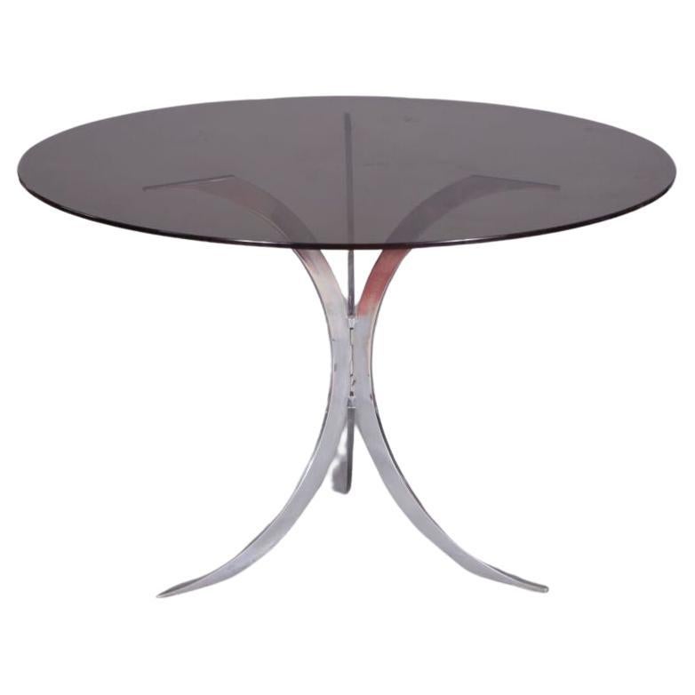 Table Christofle de Boris Tabacoff pieds chromés, plateau verre fumé France 1970 en vente