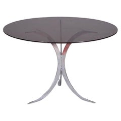 Table Christofle de Boris Tabacoff pieds chromés, plateau verre fumé France 1970