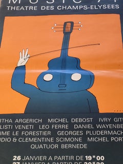 Poster vintage musicale del 1974, Jean-Michel Folon, Théâtre Champs-Élysées, Parigi, Francia