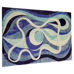 Abstrakte Wanddekoration aus blauer Keramik, Arthur Girod, Frankreich, Vintage, 1950