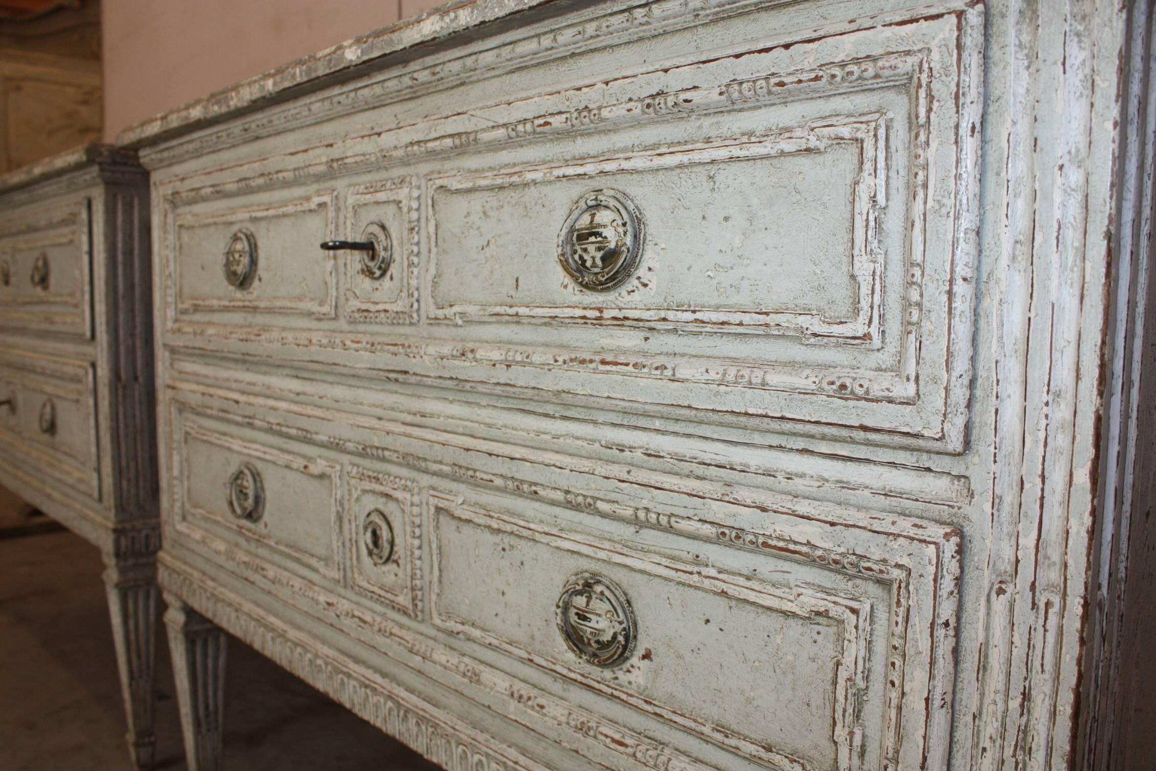 Pair of Louis XVI Painted Commodes with Faux Marble Top In Excellent Condition In Fairhope, AL