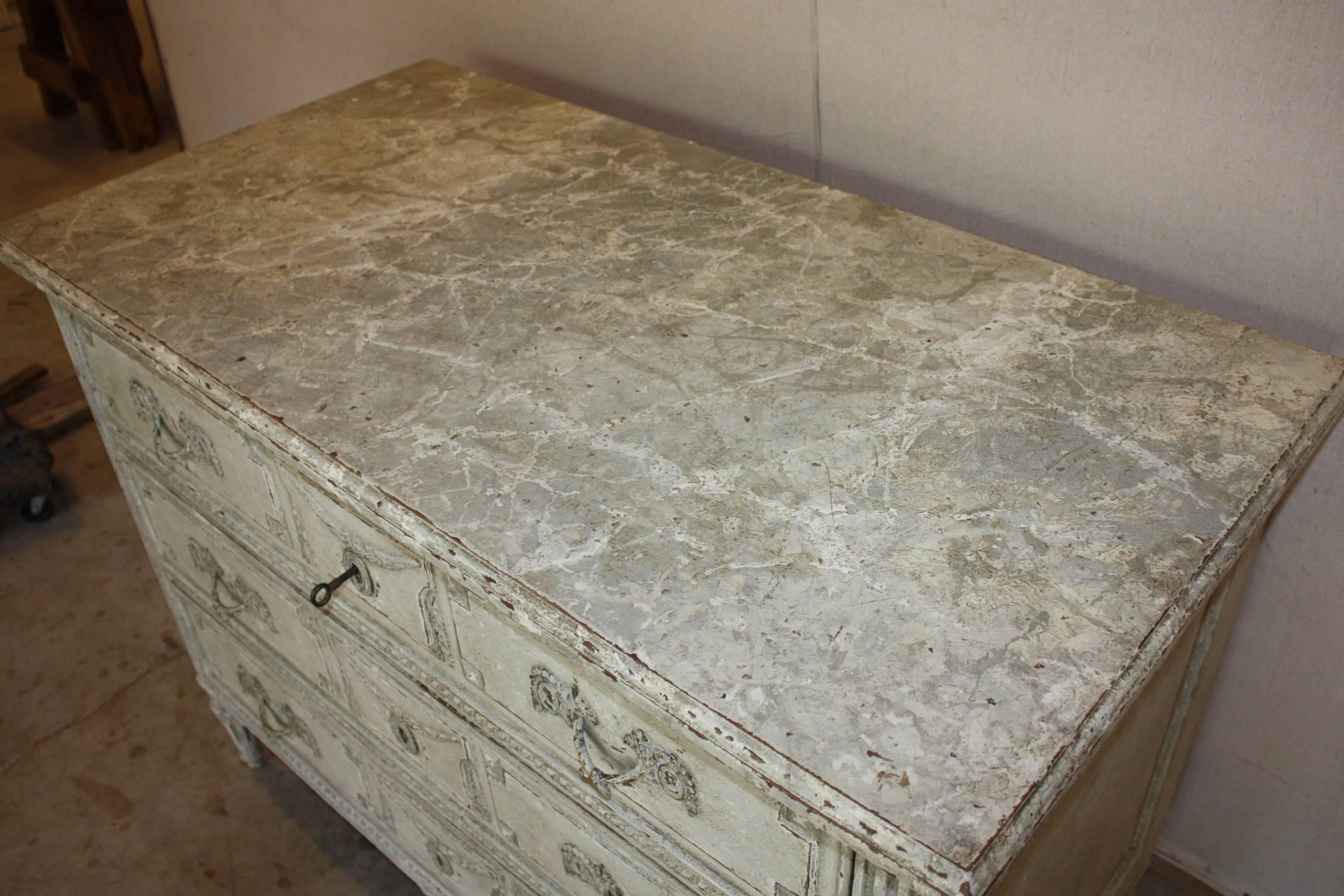 Louis XVI Painted Commodes with Faux Marble Top 1