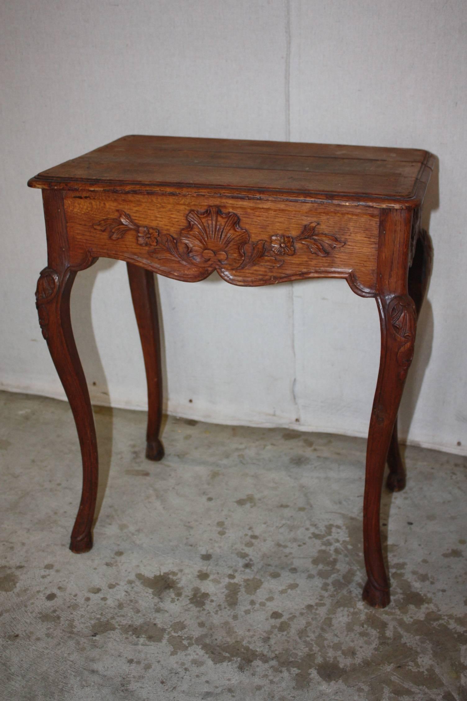 Petite French rustic oak side table with drawer.