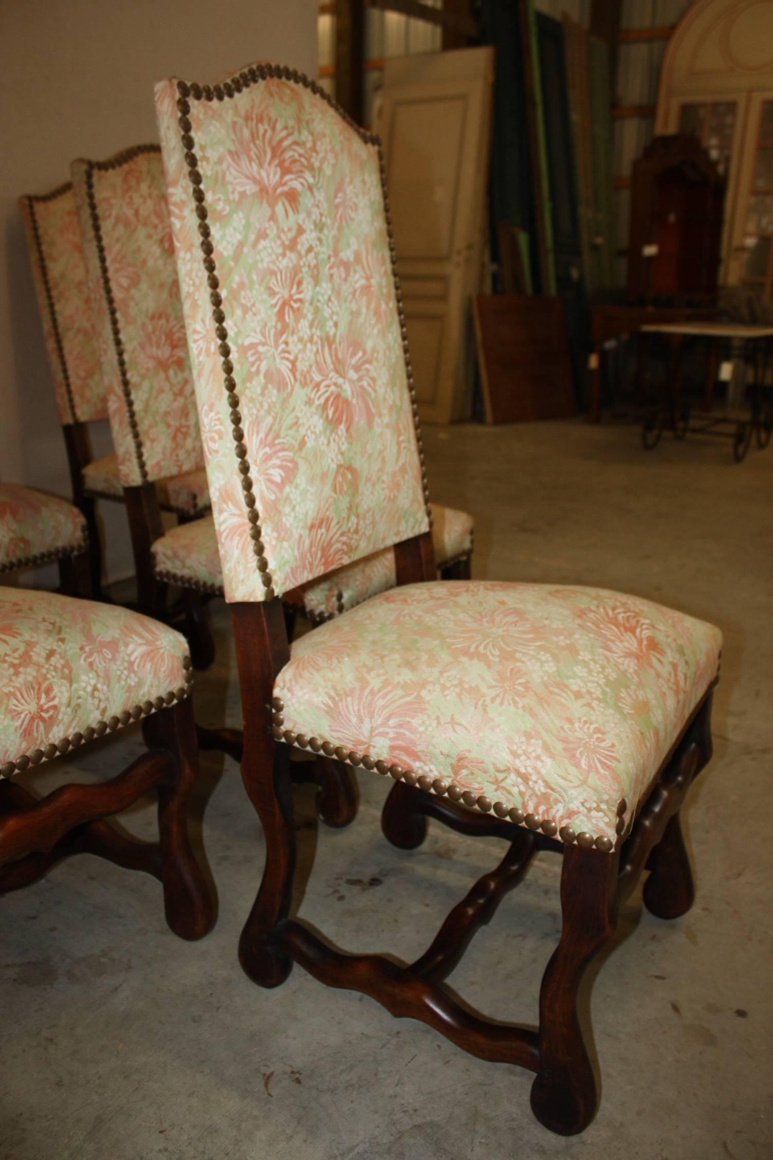 Set of six 19th century walnut Os de Mouton chair from France. Frames and fabric are in excellent condition.