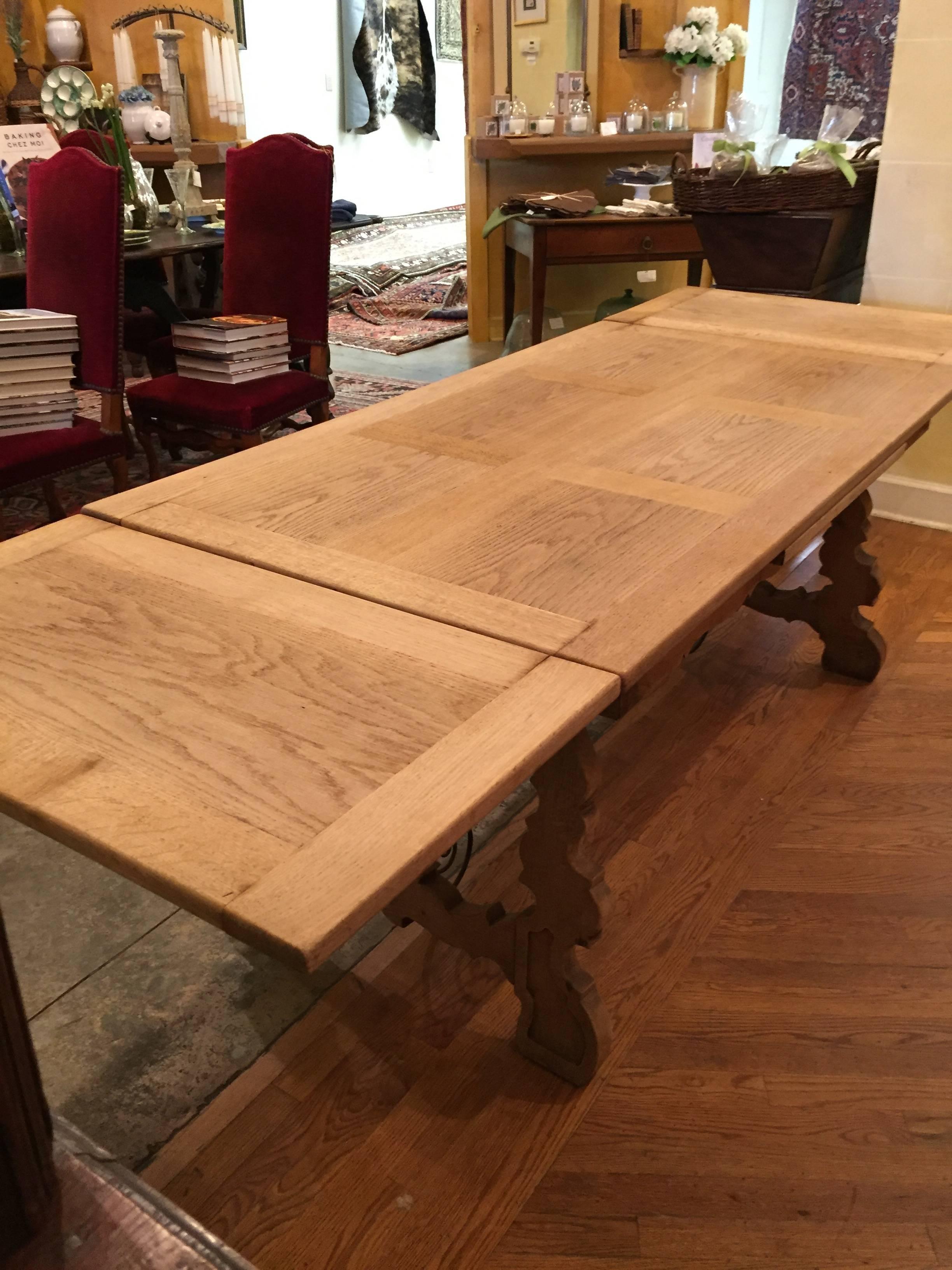 19th Century Spanish Draw-Leaf Trestle Table in Bleached Oak 4