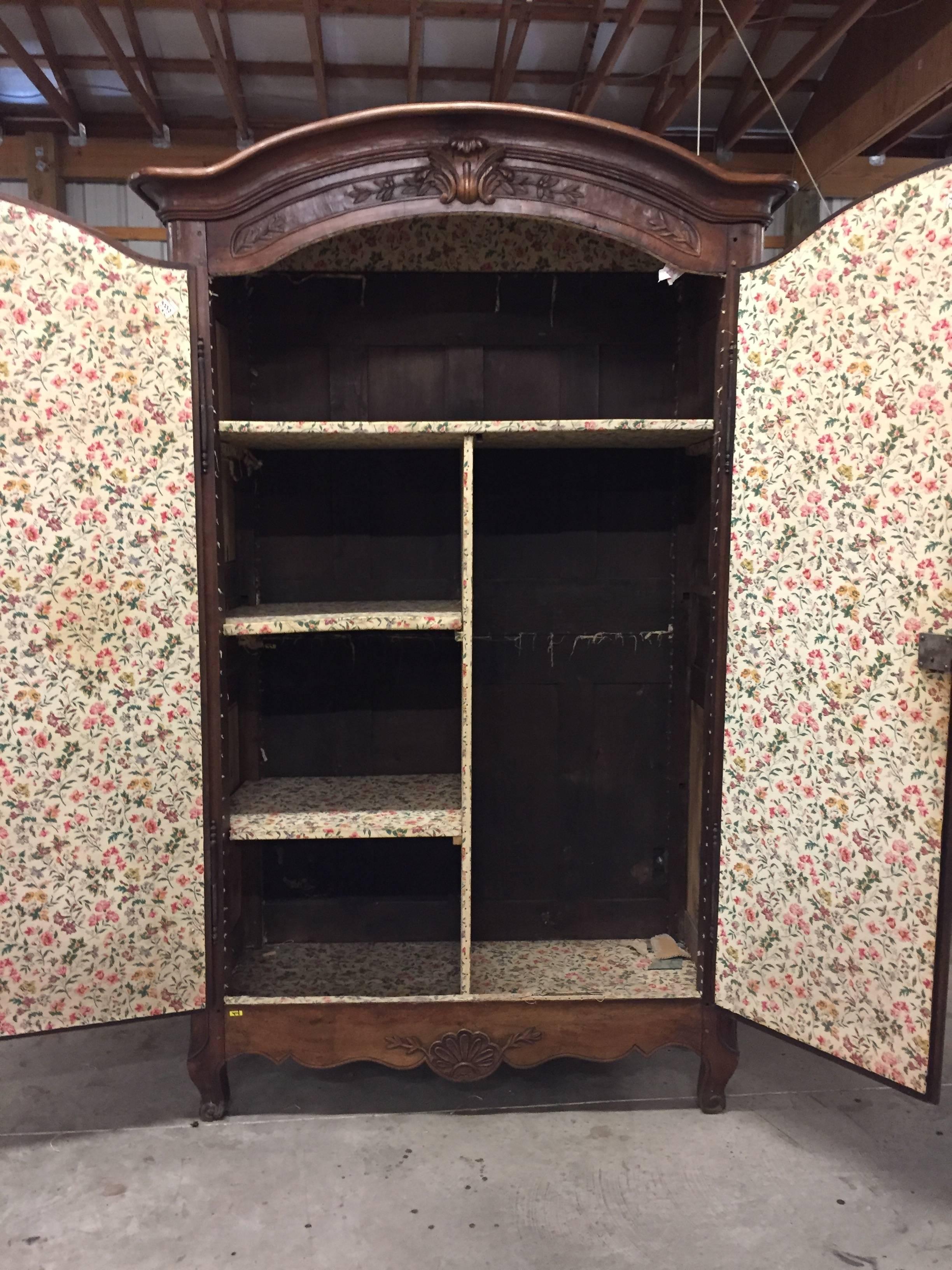 19th Century Country French Louis XV Carved Walnut Armoire 5