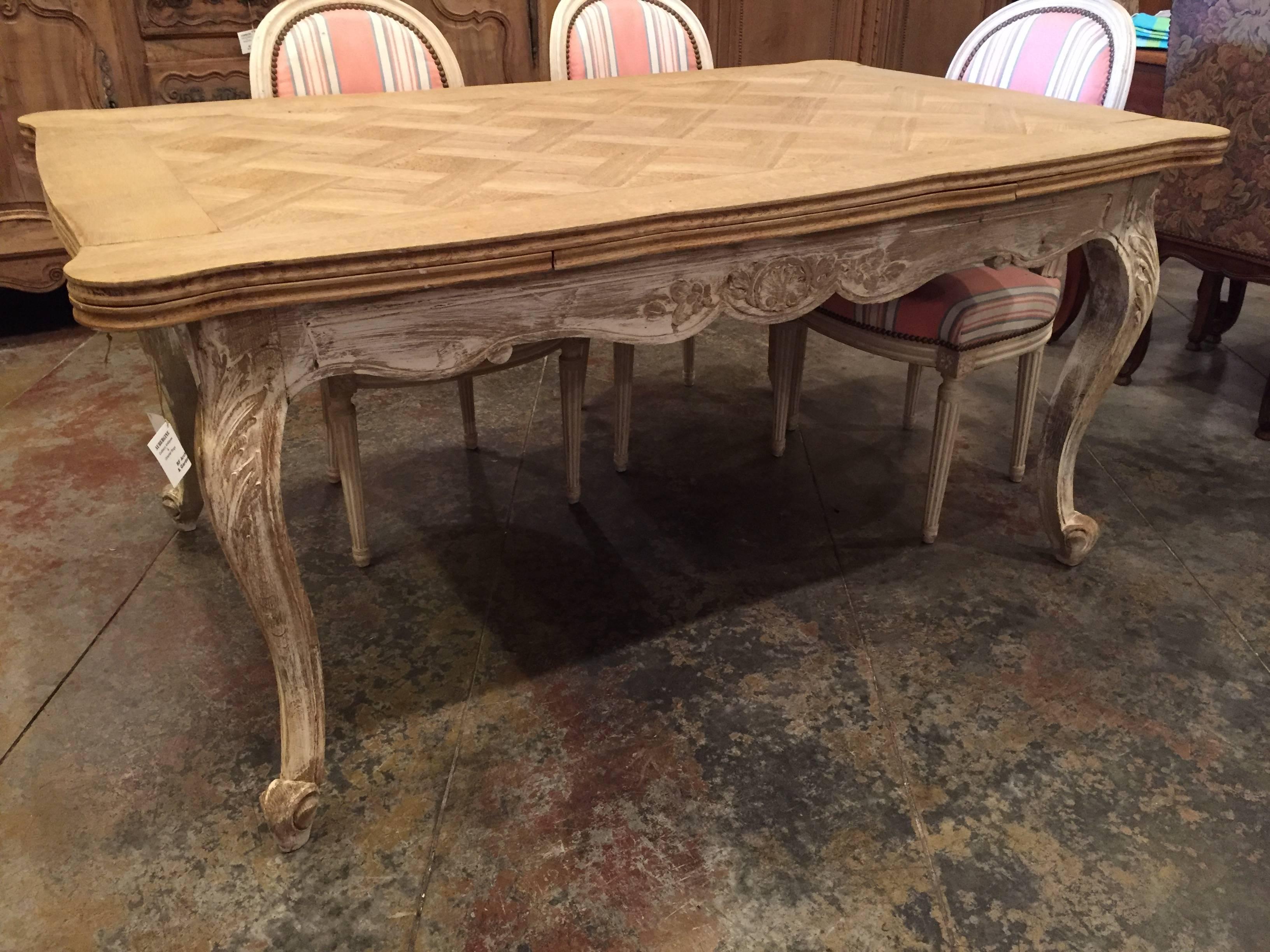 19th Century French Parquet Top Draw-Leaf Dining Table