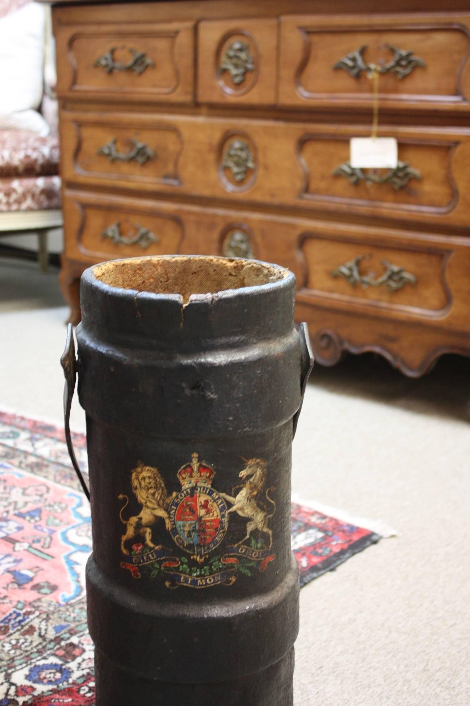 19th Century French Leather Fire Bucket with Crest In Good Condition In Fairhope, AL