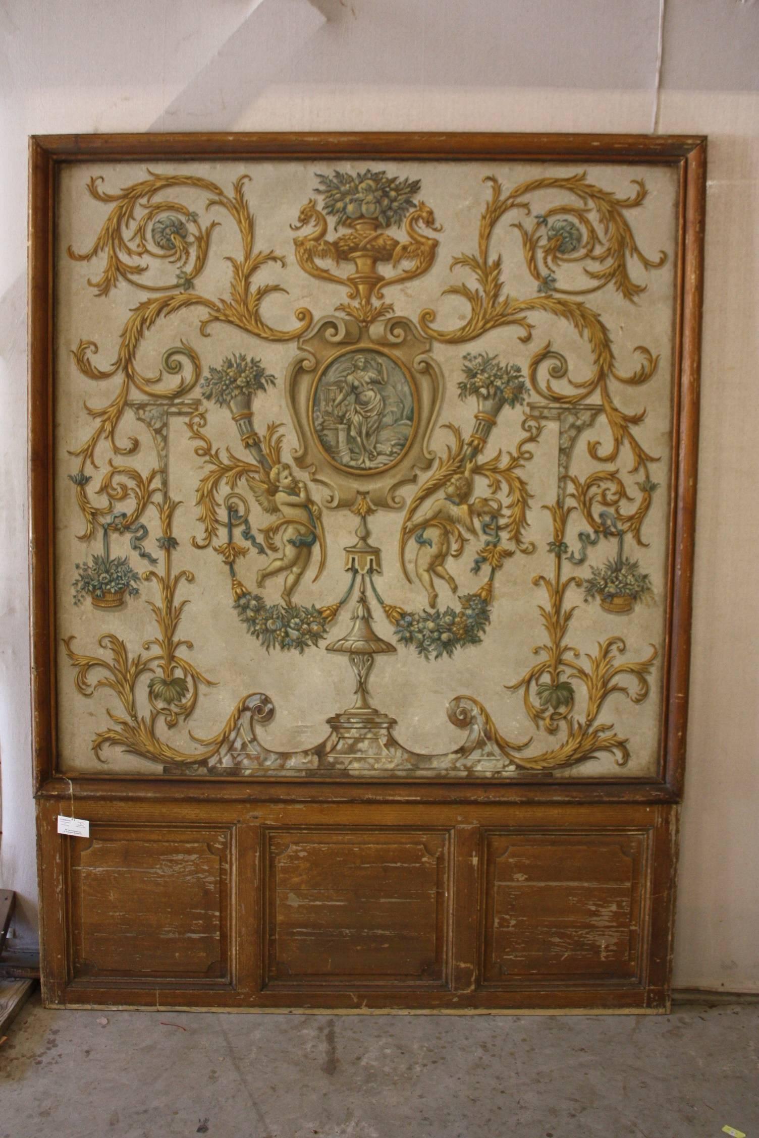 Two framed 18th century French painted panels. The canvases are stretched on paneling and are in very good condition considering their age. Would make excellent headboards.
  
***Only 1 left.  