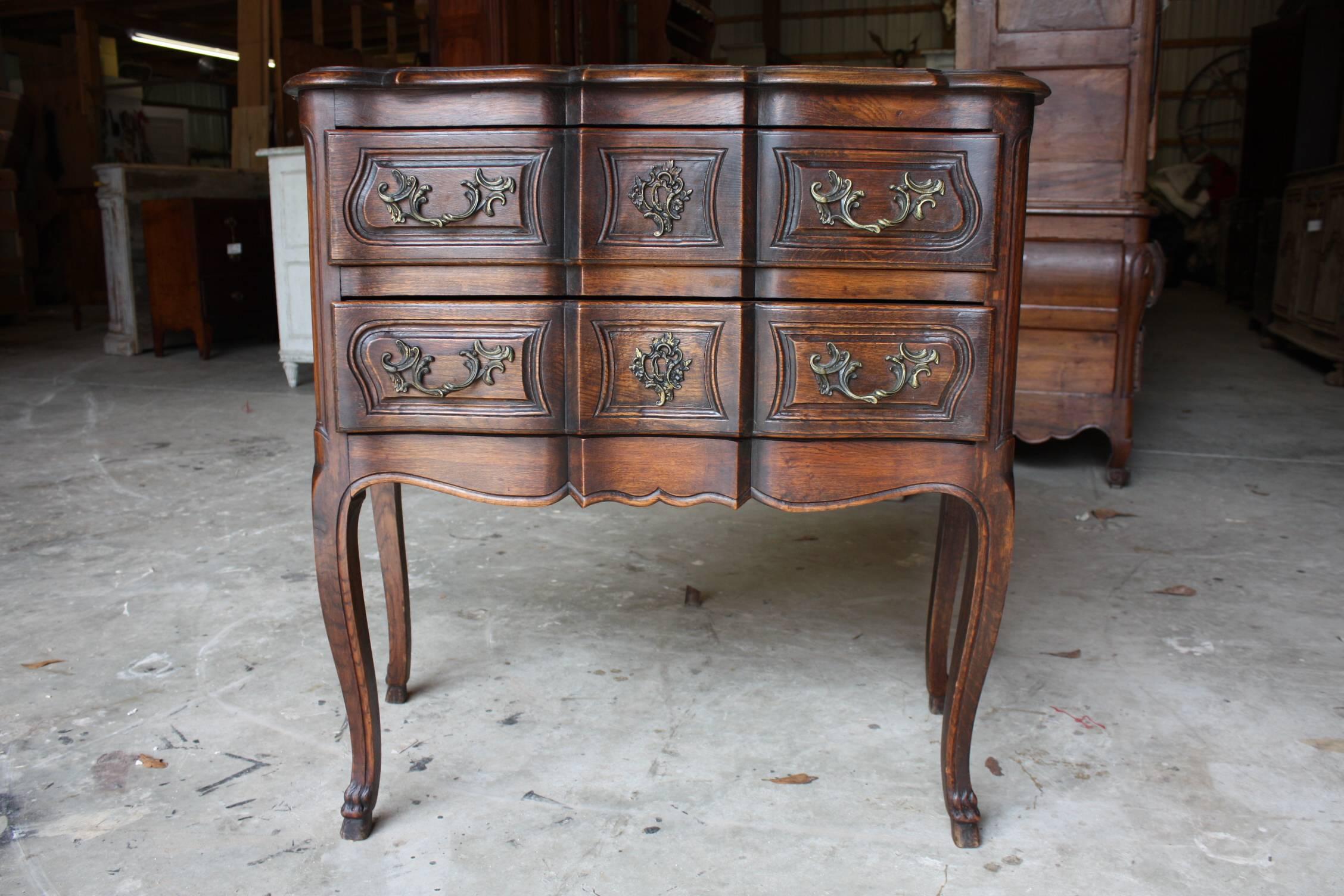 19th century French Louis XV walnut commode with two drawers. Would make a great nightstand or side table.