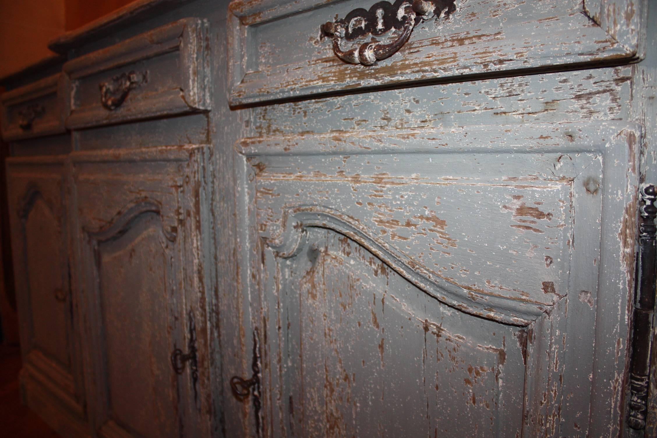 French Blue Painted Enfilade with Bleached Top In Good Condition In Fairhope, AL