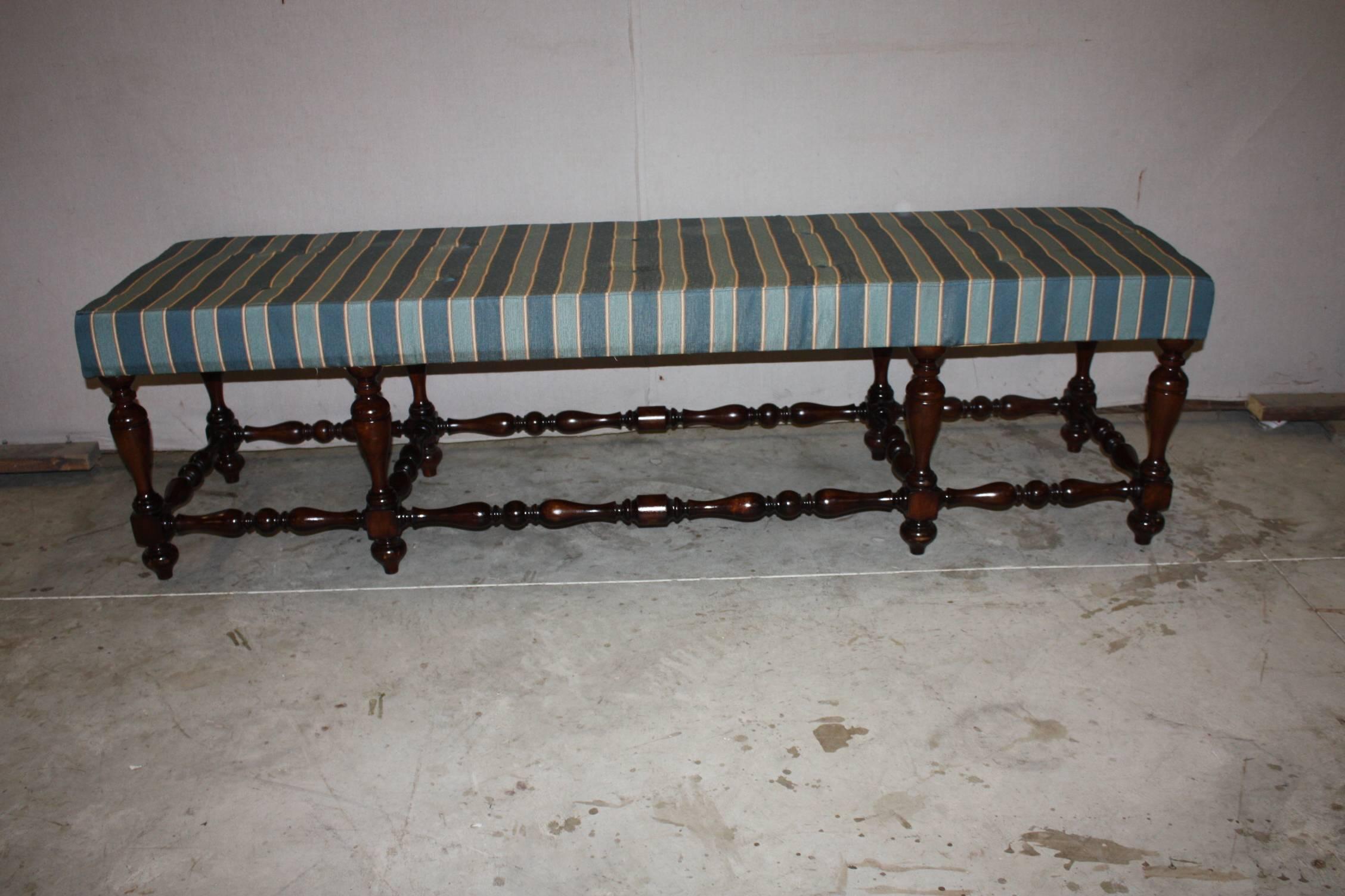 This is a very good looking long Italian bench. The upholstery is usable but the bench could easily be recovered.