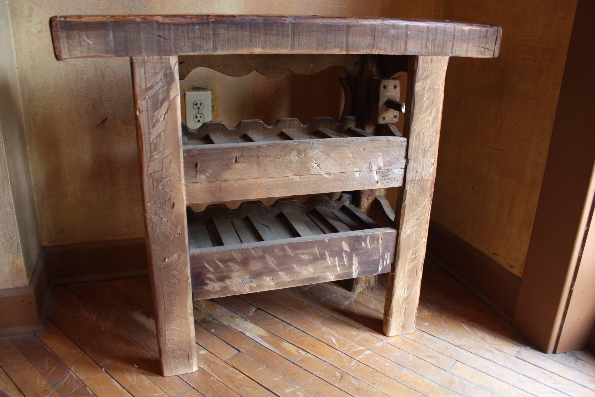 19th Century Rustic French Carpenter Press Table with Wine Bottles Storage Rack 3