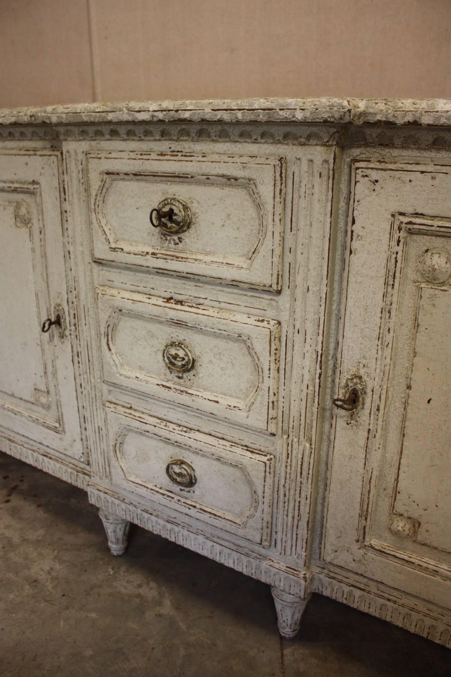 Louis XVI Pair of 19th Century French Painted Buffets with Faux Marble Top