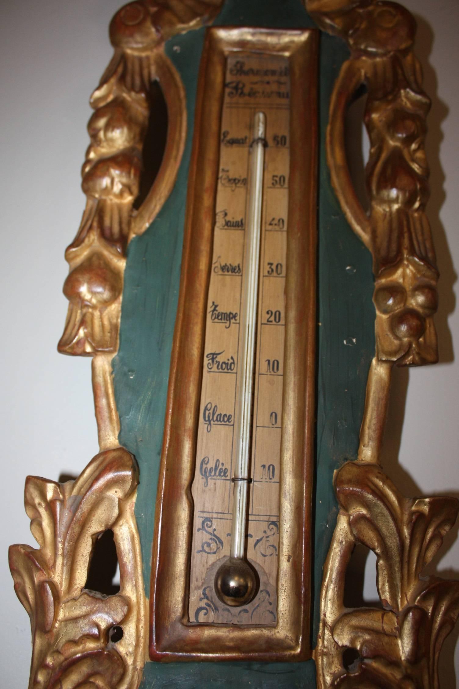 French Louis XVI Style Gilded and Painted Wood Barometer In Good Condition In Fairhope, AL