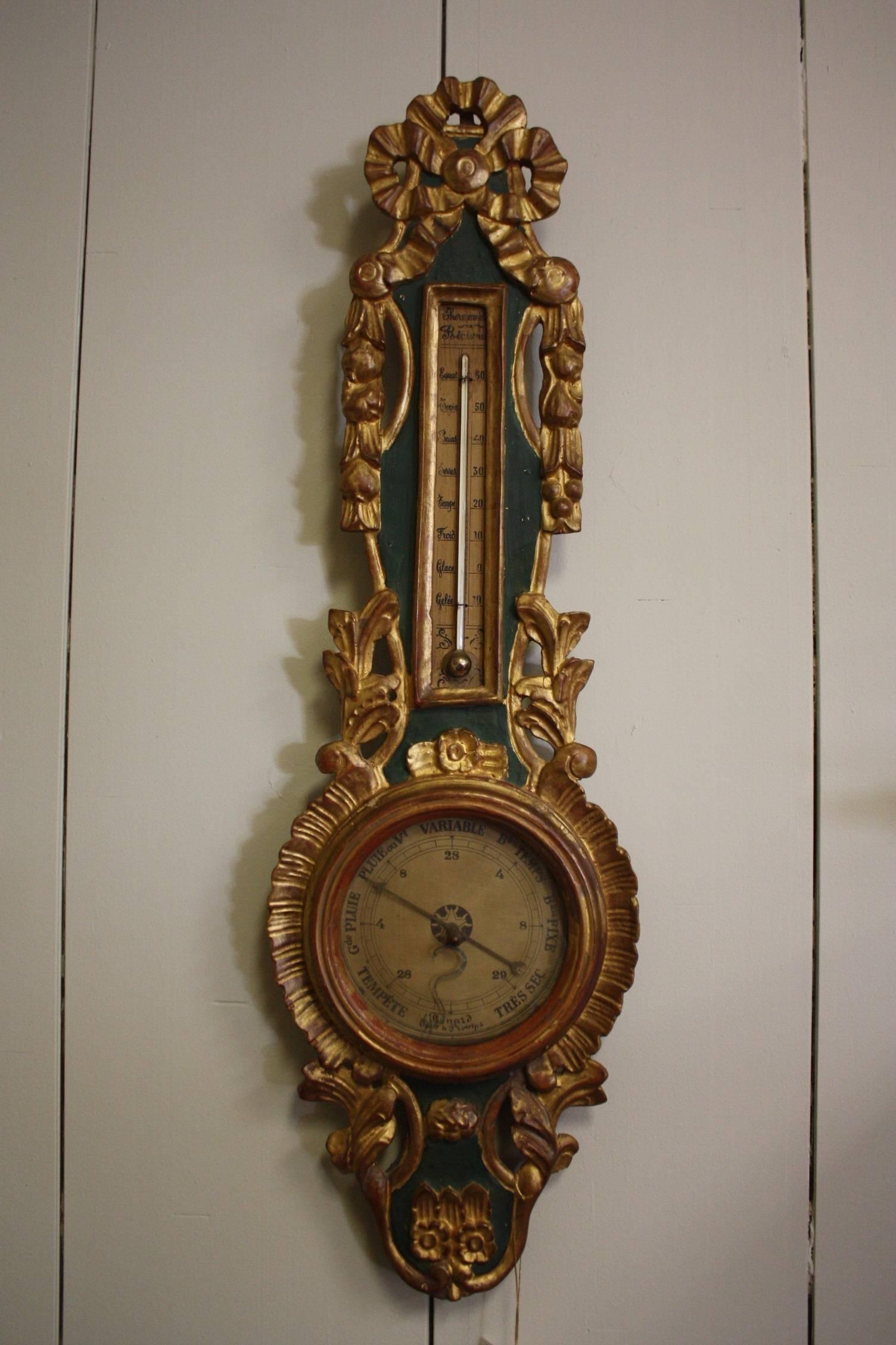 French Louis XVI Style Gilded and Painted Wood Barometer 1