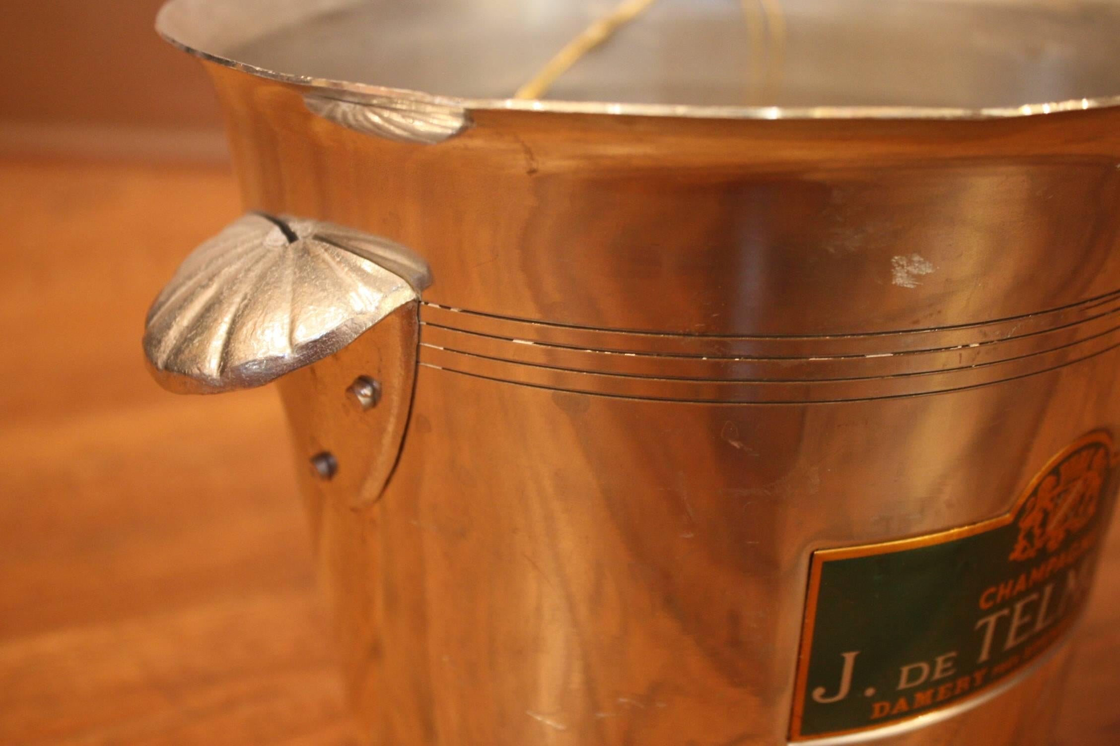 French champagne cooler ice bucket with J. De Telmont label. A Classic piece of French barware to toast any occasion.