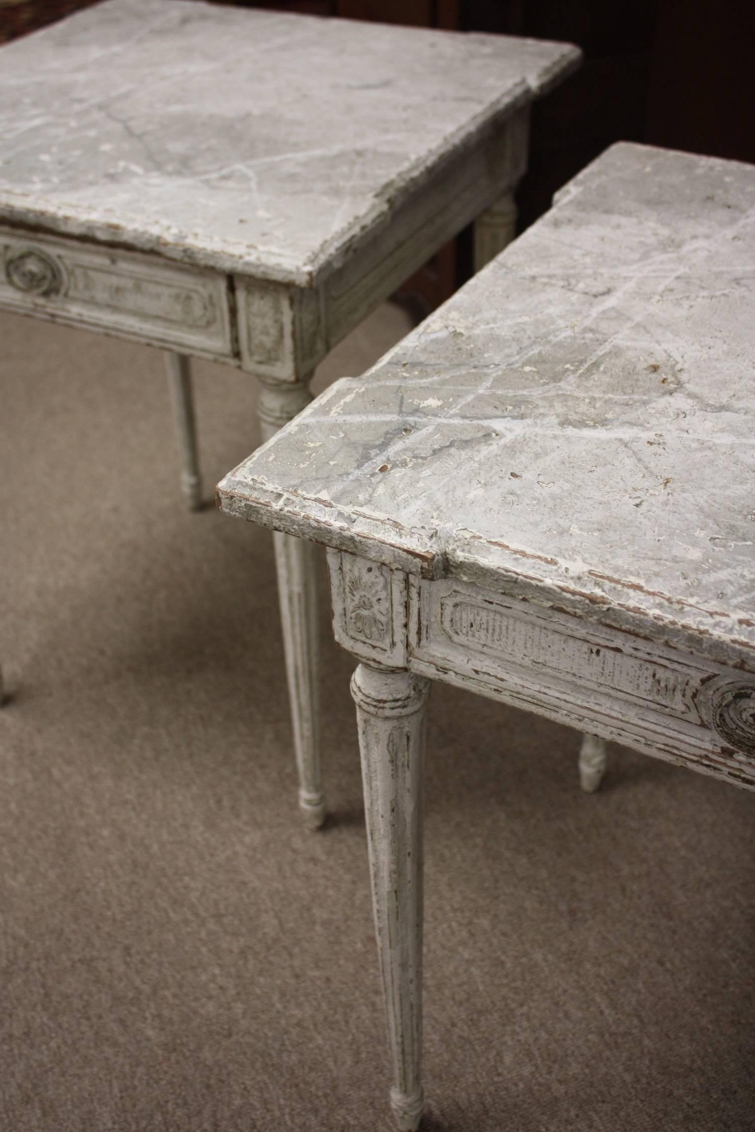 Two 19th Century French Louis XVI Carved Painted Side Table with Faux Marble Top In Good Condition In Fairhope, AL