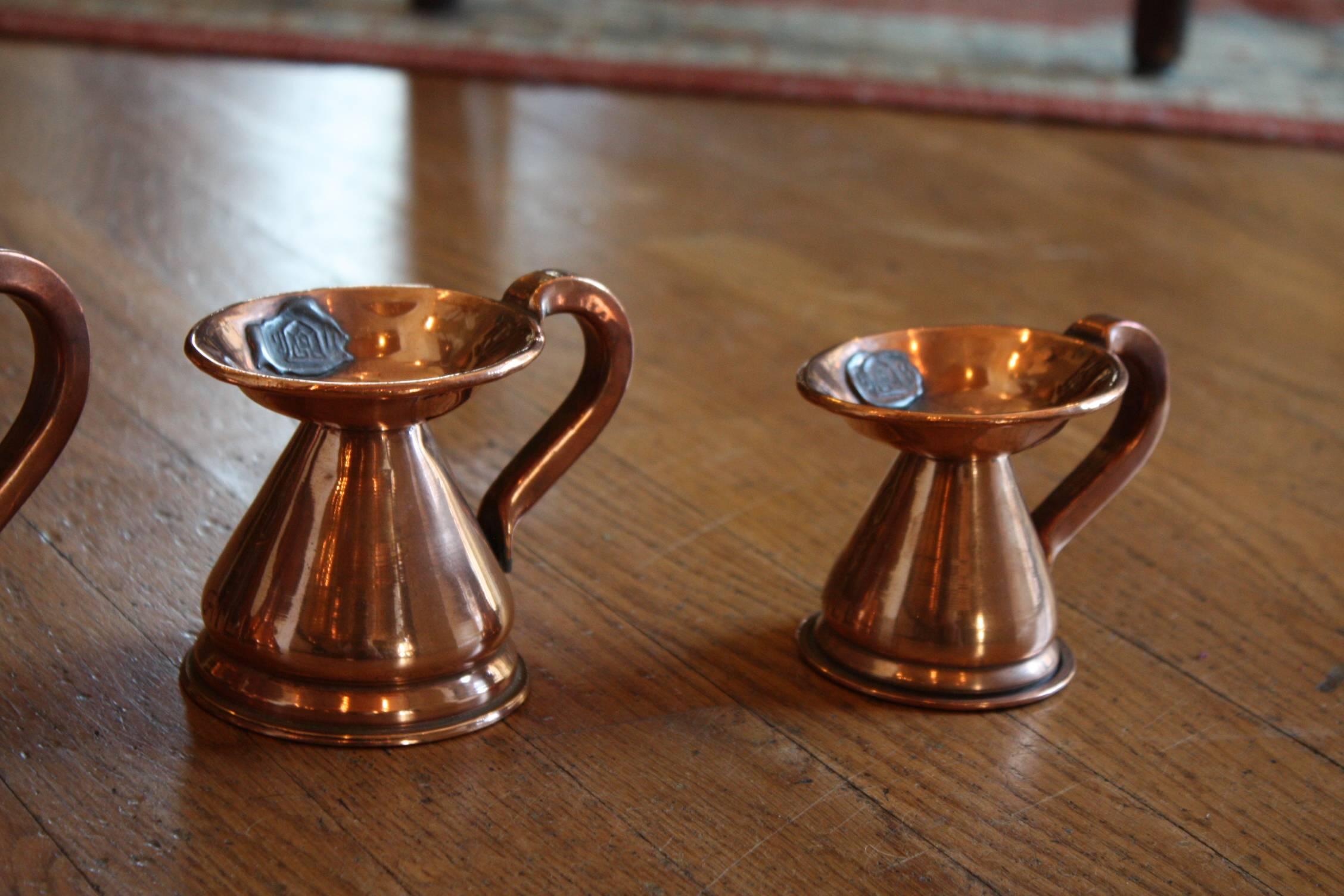 English Matched Set of Four Small 19th Century Copper Pitchers with Stamps