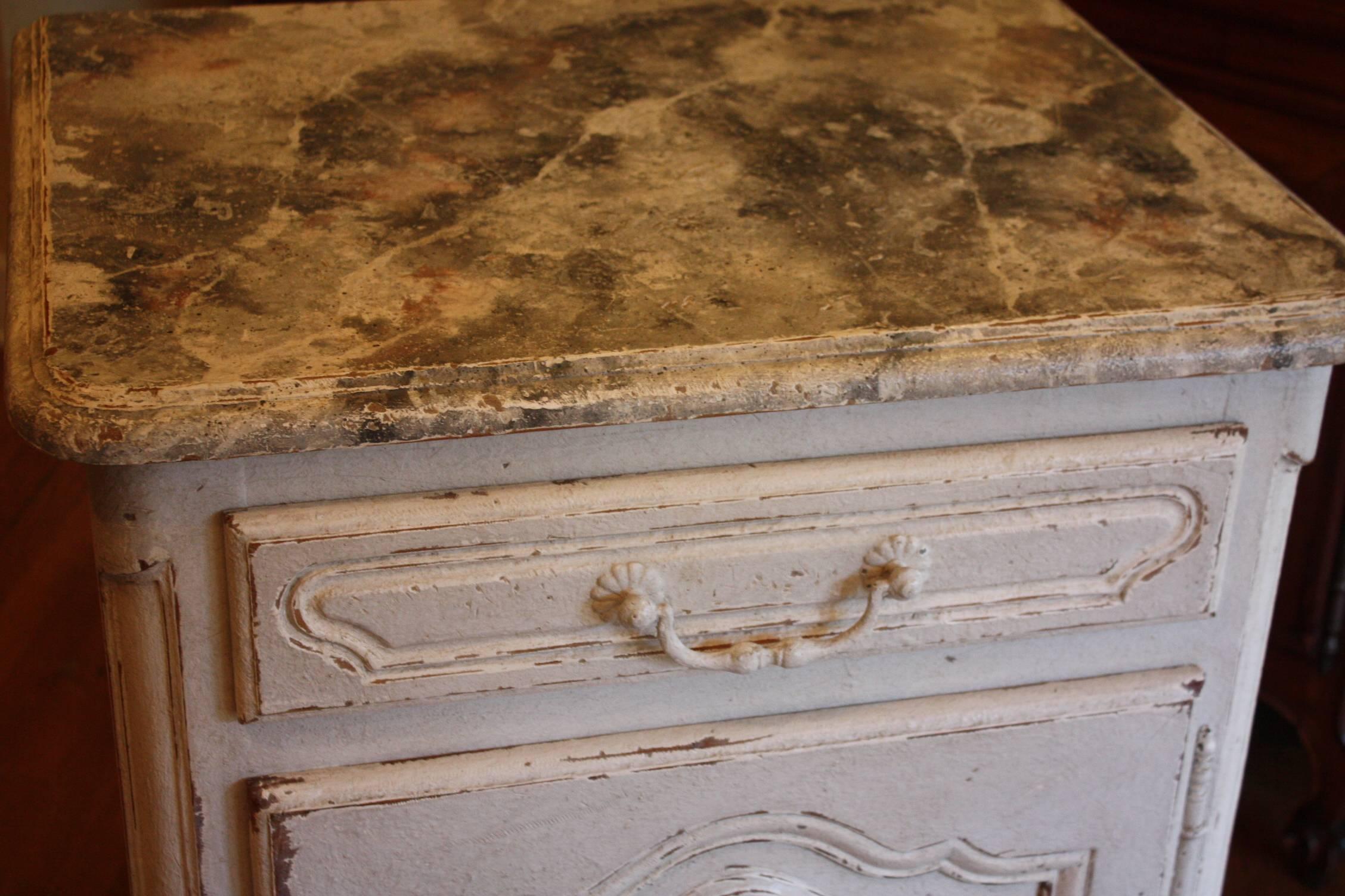 19th Century French Hand-Painted Single Door Cabinet with Faux Painted Marble Top