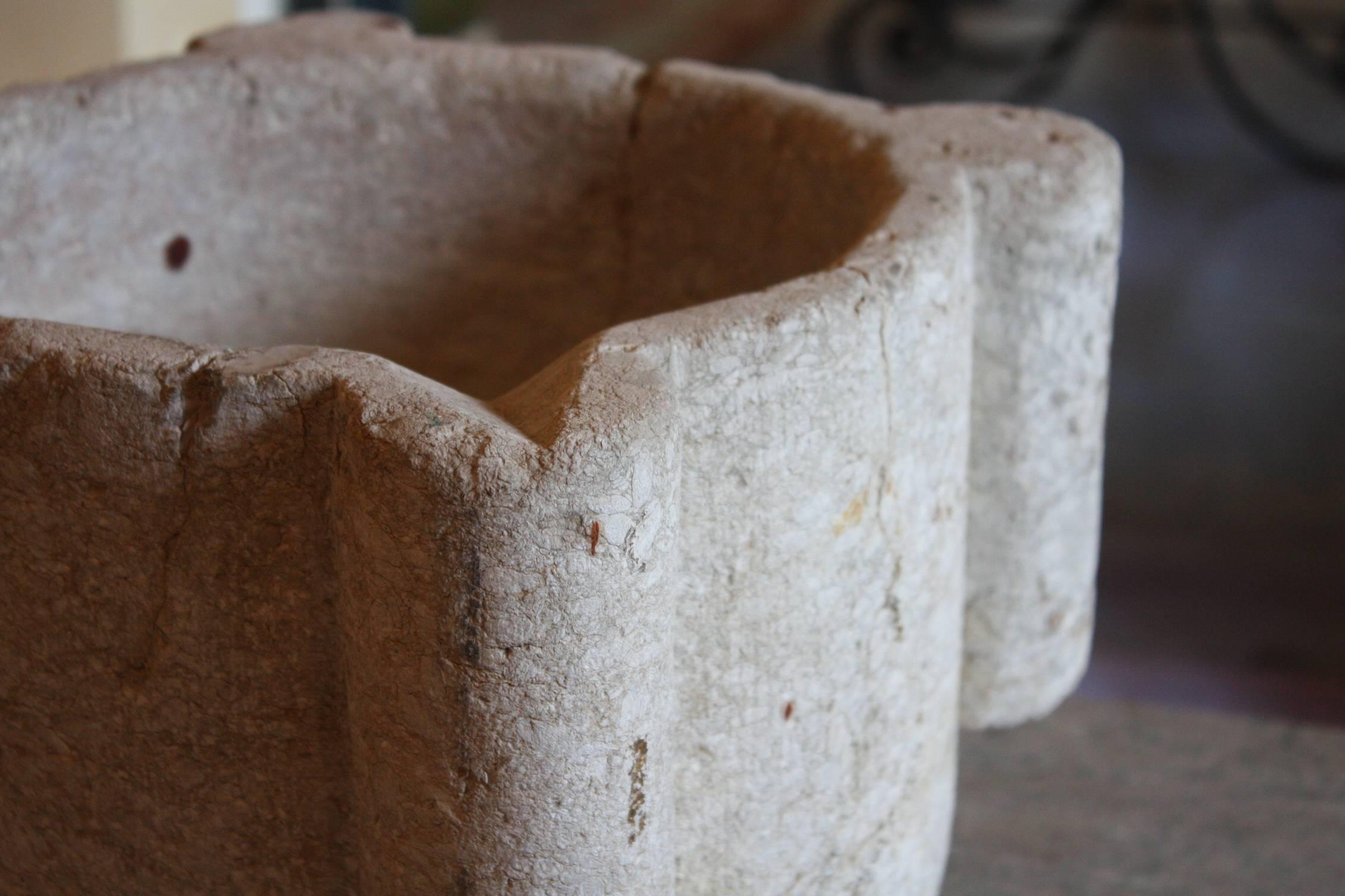 This mortar is from the countryside of France and is a great architectural element to place alone on a table or buffet.
These were used to crush herbs for medicines, paint, or mixing ingredients for food. It is solid stone/marble with a wonderful