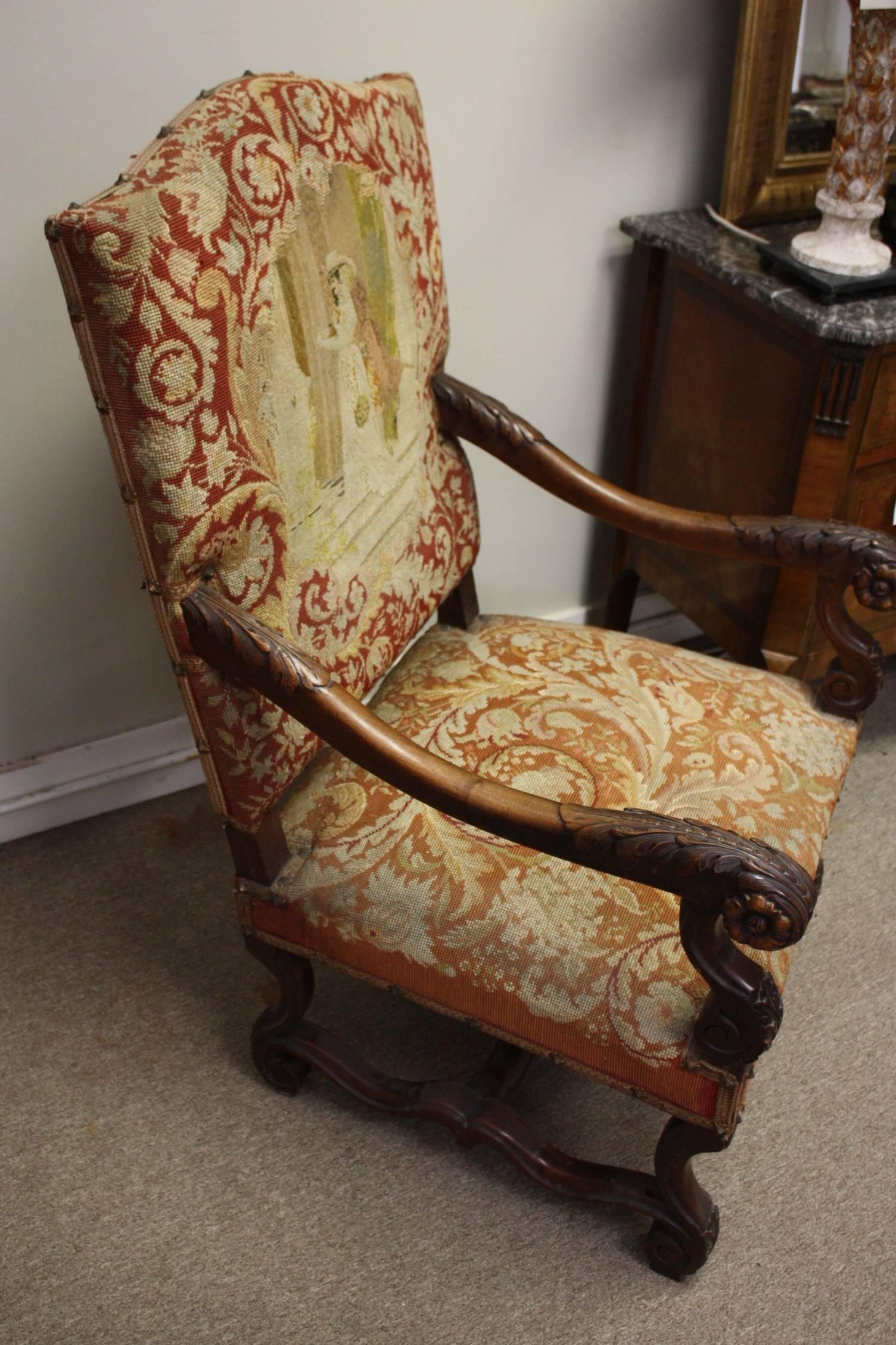 Two 19th Century, French Louis XIV Walnut Needlepoint Armchair 1