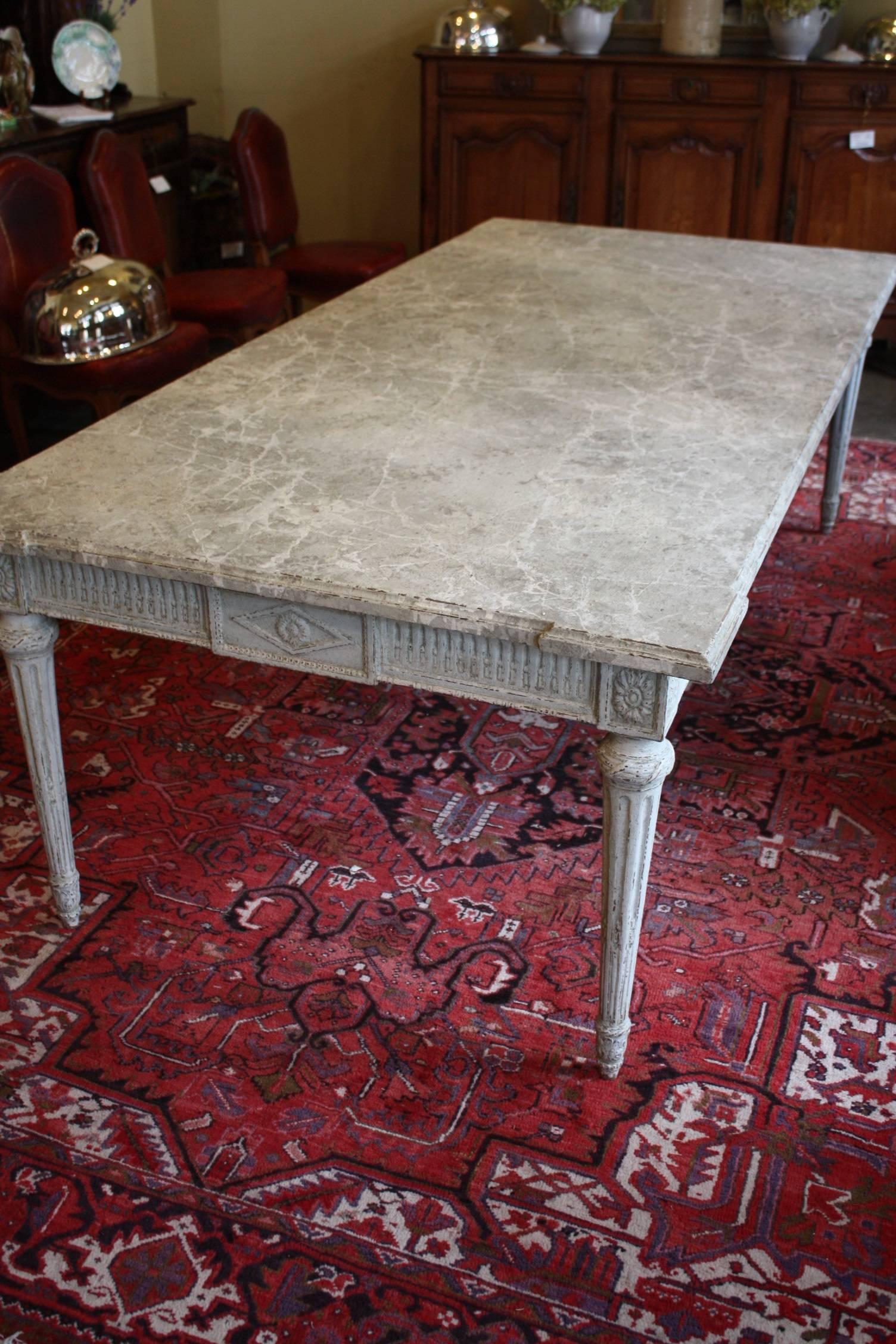 19th Century French Painted Dining Room Table with Faux Marble Top In Good Condition In Fairhope, AL