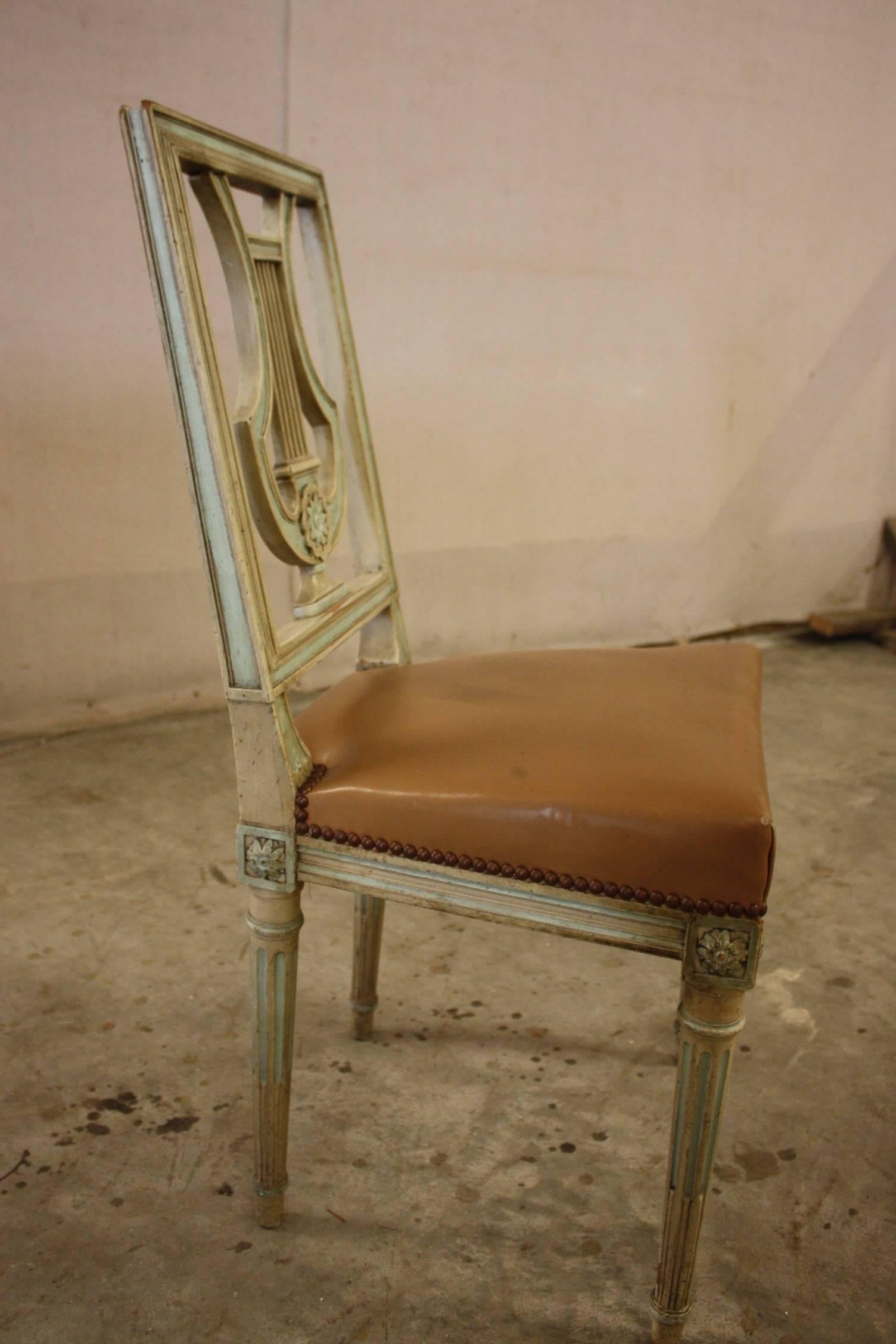19th Century Set of Eight Swedish Painted Lyre Back Chairs with Leather Seats