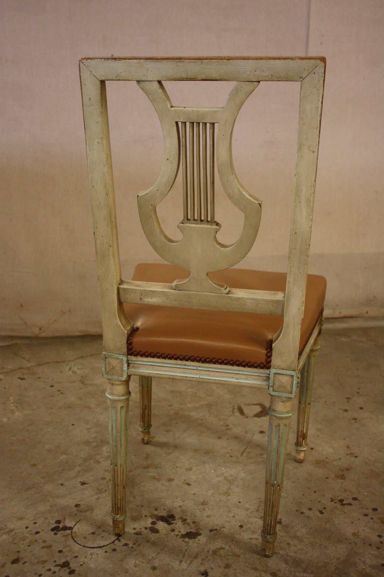 Set of Eight Swedish Painted Lyre Back Chairs with Leather Seats 1
