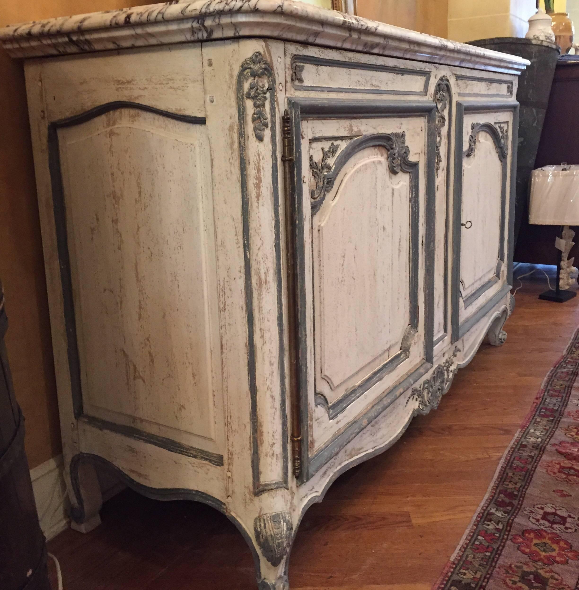 Painted French Buffet with Marble Top In Good Condition In Fairhope, AL