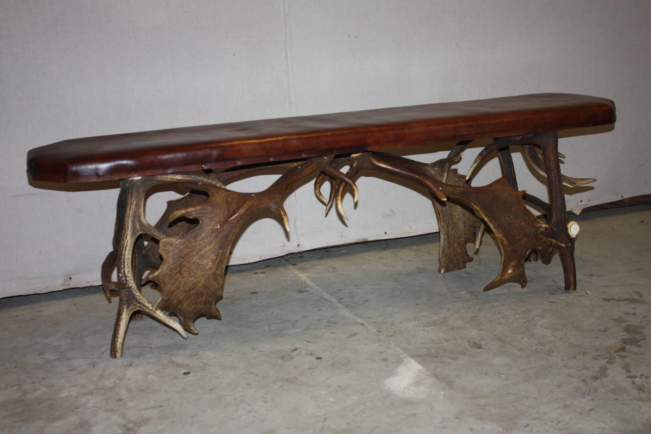 Fallow Deer Antler Bench with Leather Top 5