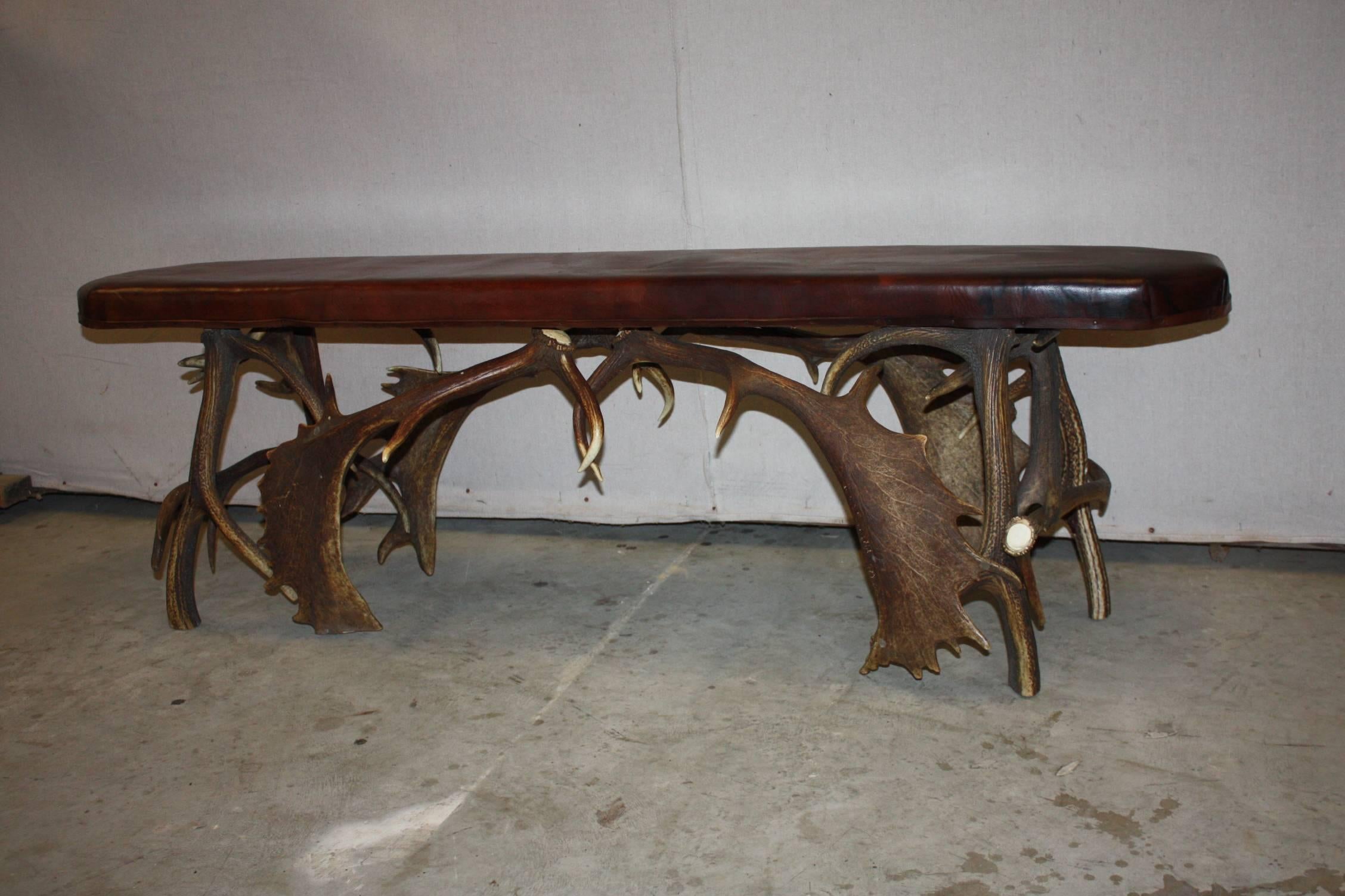 20th Century Fallow Deer Antler Bench with Leather Top