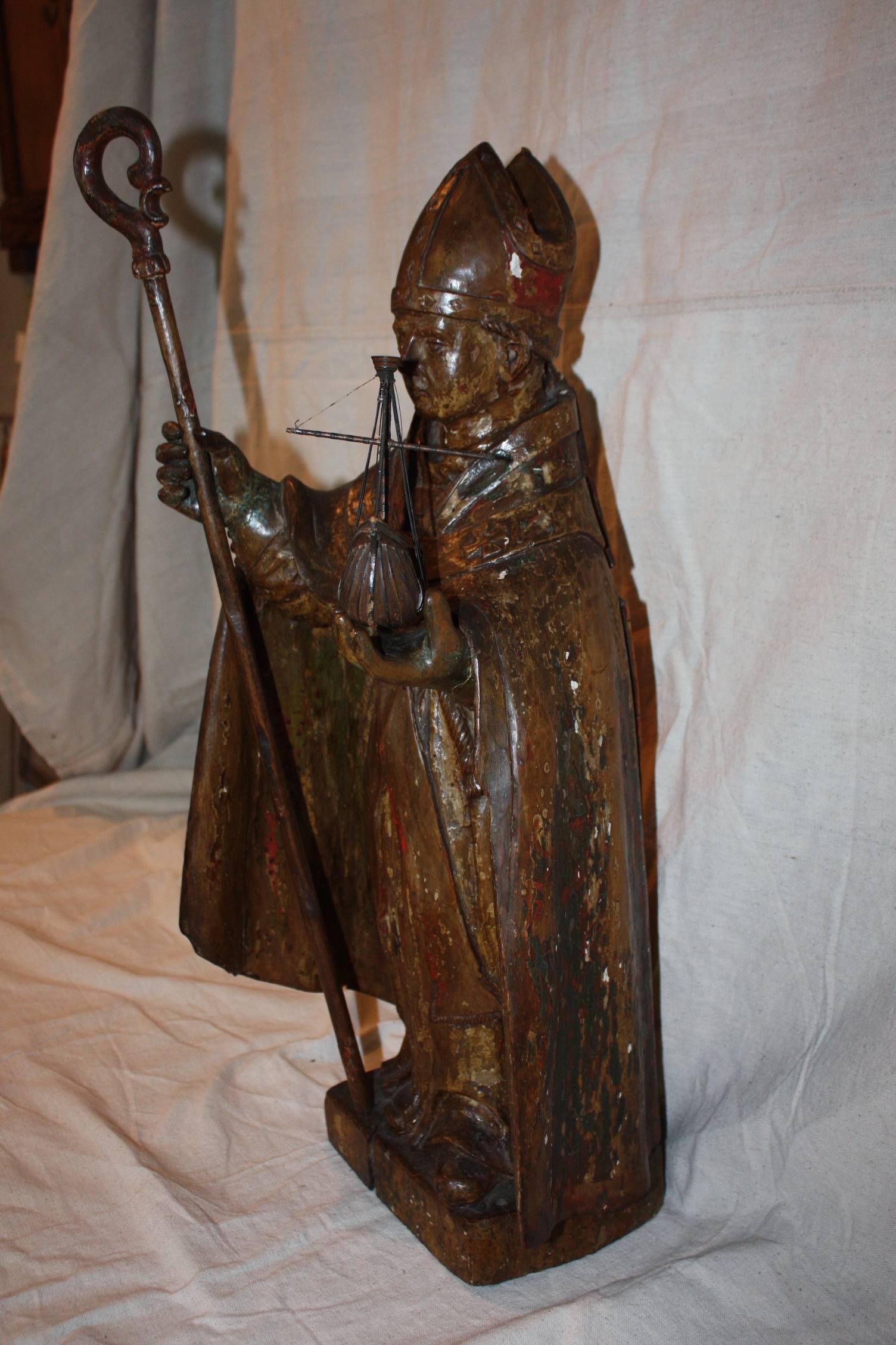 Rare religious hand-carved wood statue of Saint Brendan of Clonfert also called 