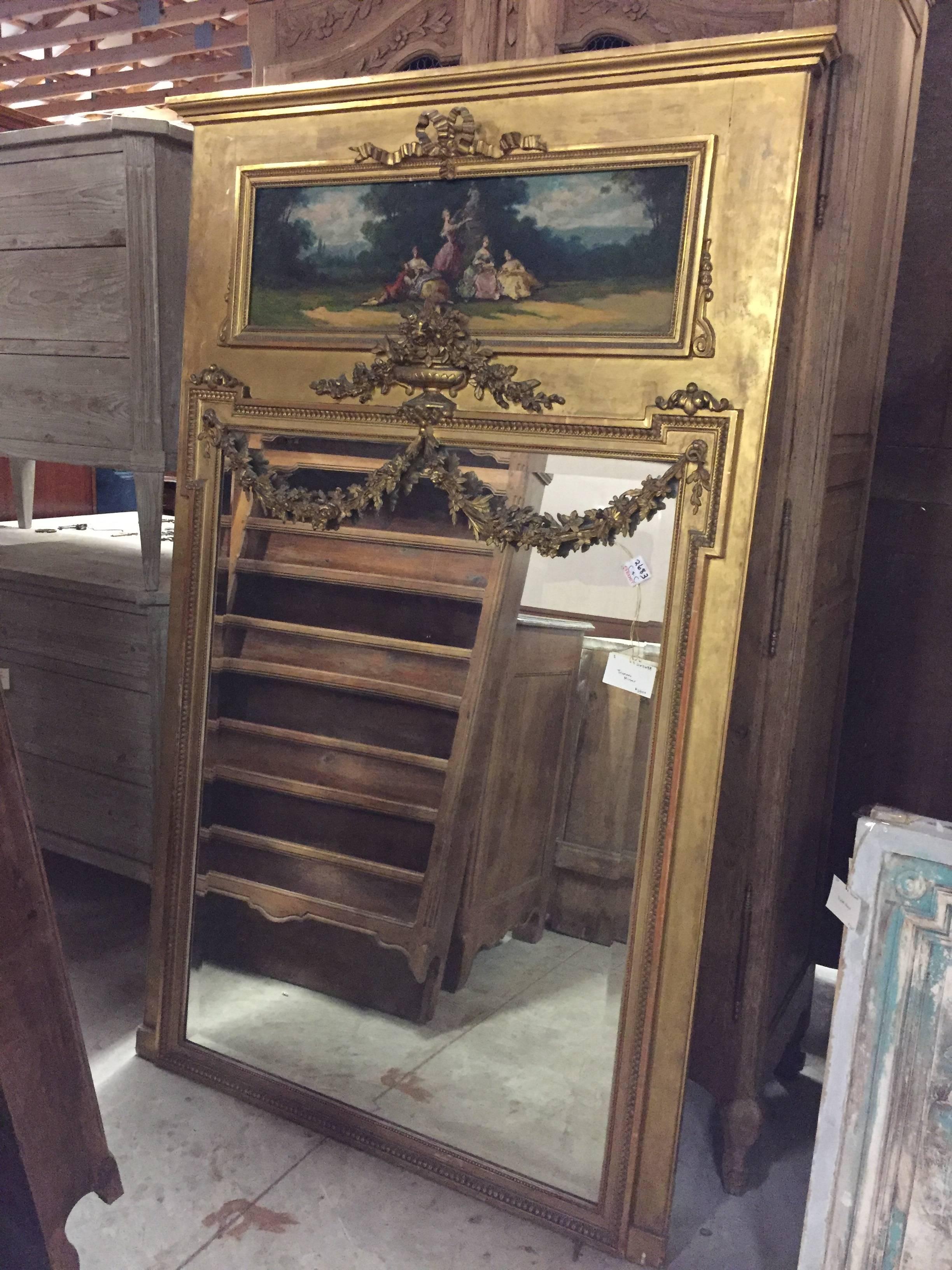 Antique 19th Century Trumeau Mirror with Oil Painting 4
