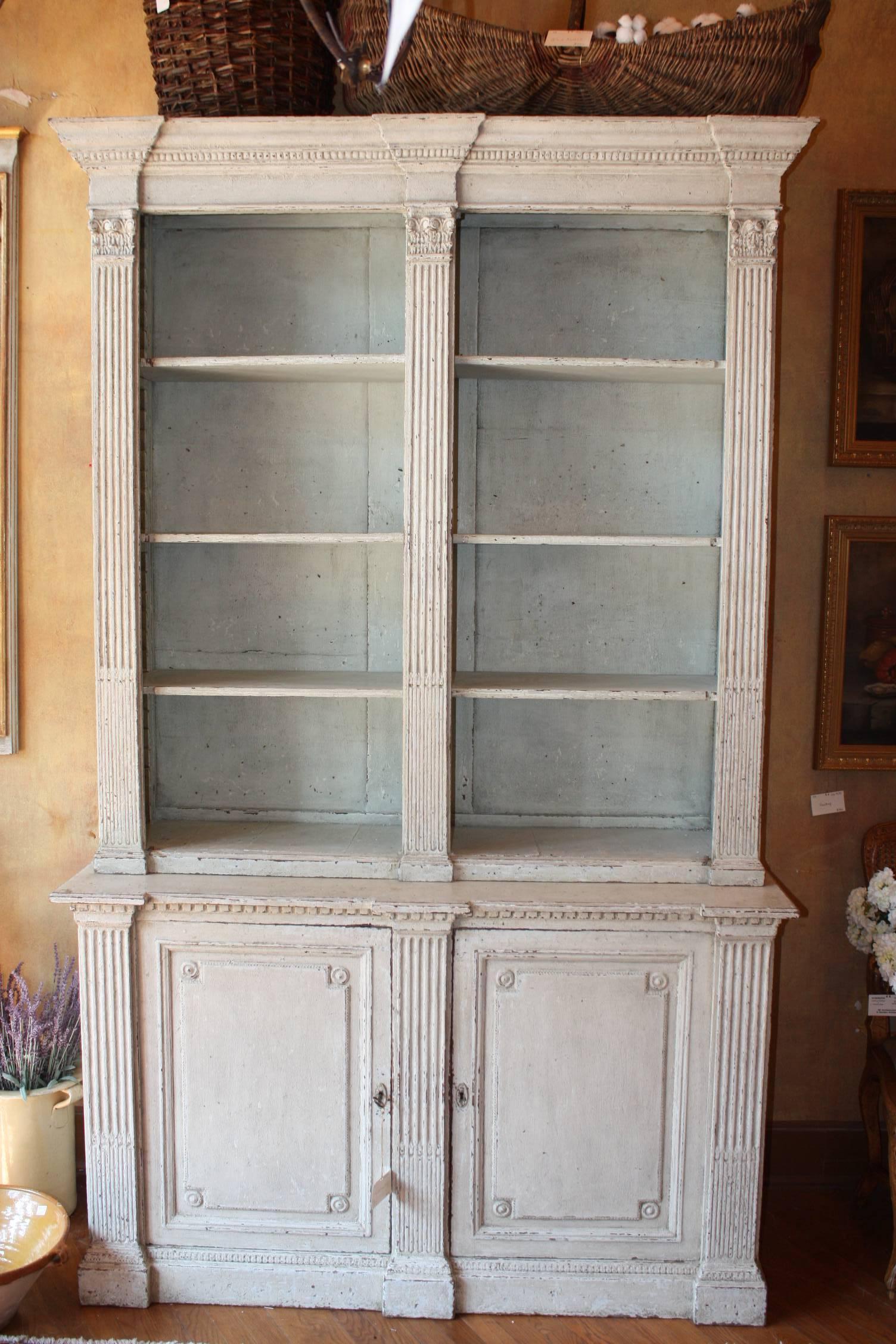 19th Century French Louis XVI Carved and Painted Bookcase or Buffet Deux Corps 4