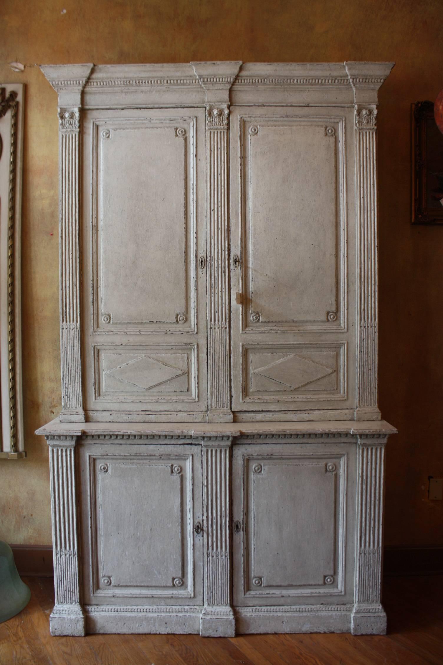 19th Century French Louis XVI Carved and Painted Bookcase or Buffet Deux Corps 3