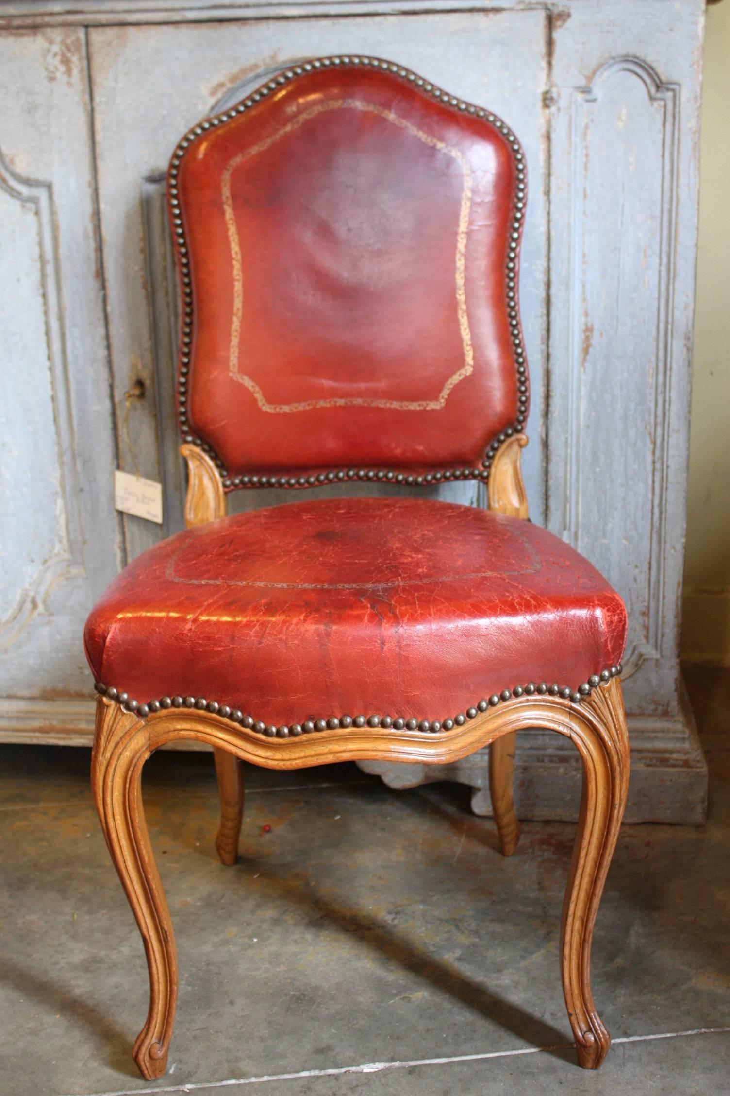 Set of Eight Louis XV Style Leather with Toile Dining Chairs 5