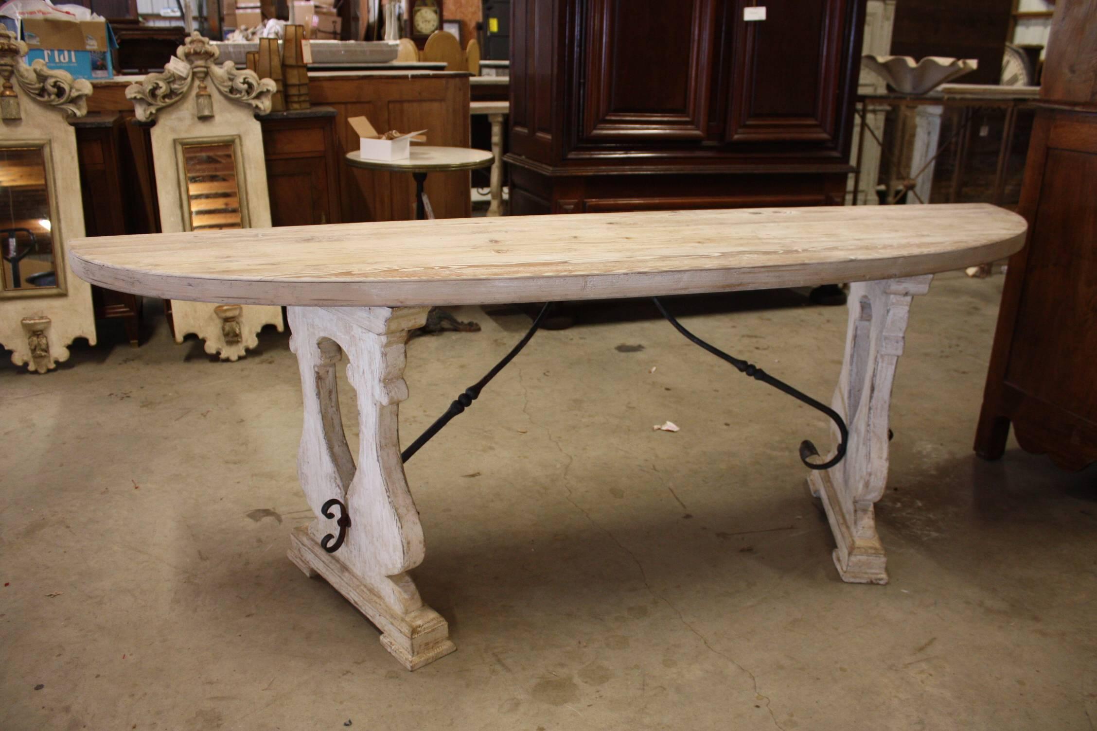 Two Italian Style Solid Painted Pine Console Tables with Iron Stretcher For Sale 4