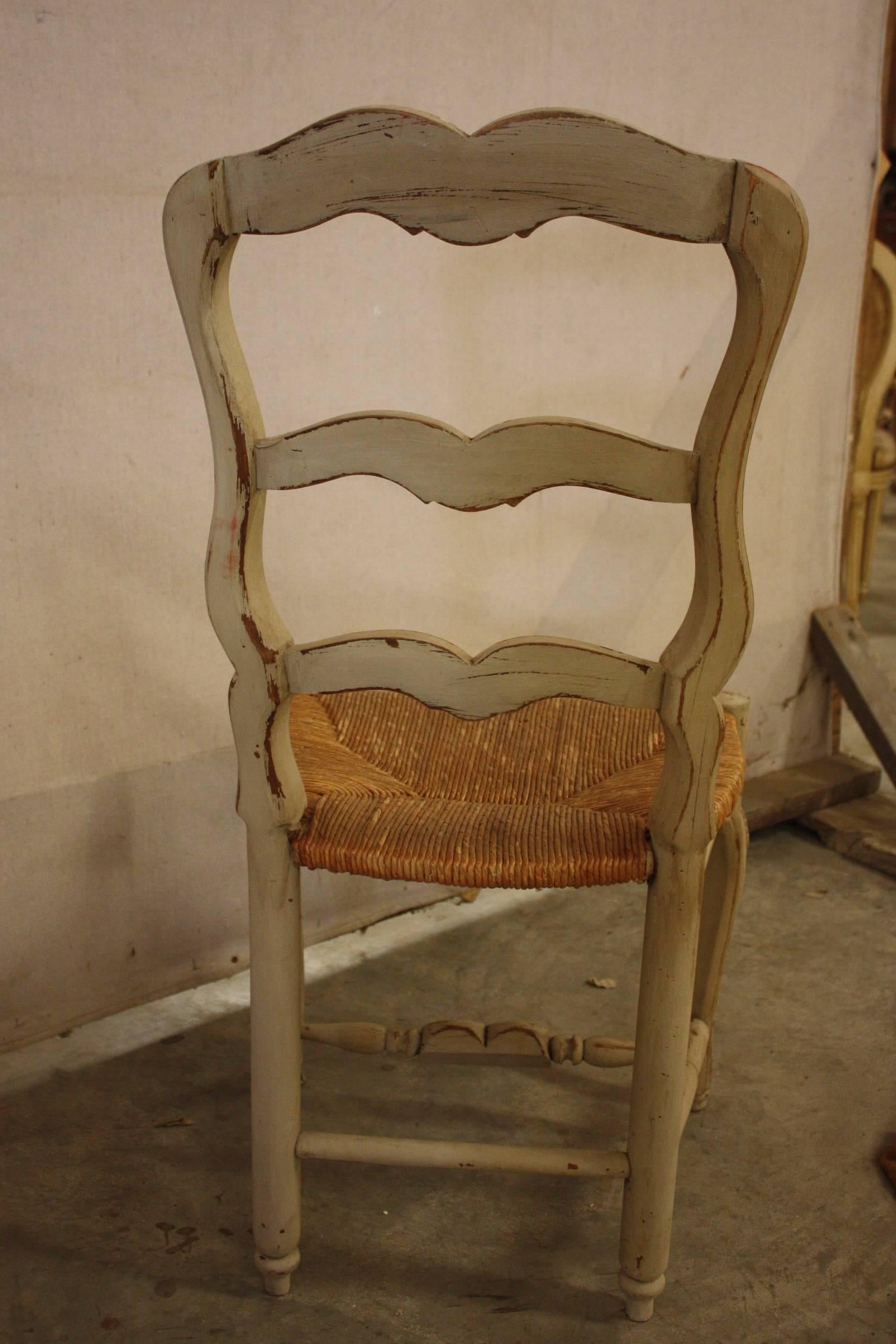 Set of Six French Painted Kitchen Dining Chairs with Rush Seats 2