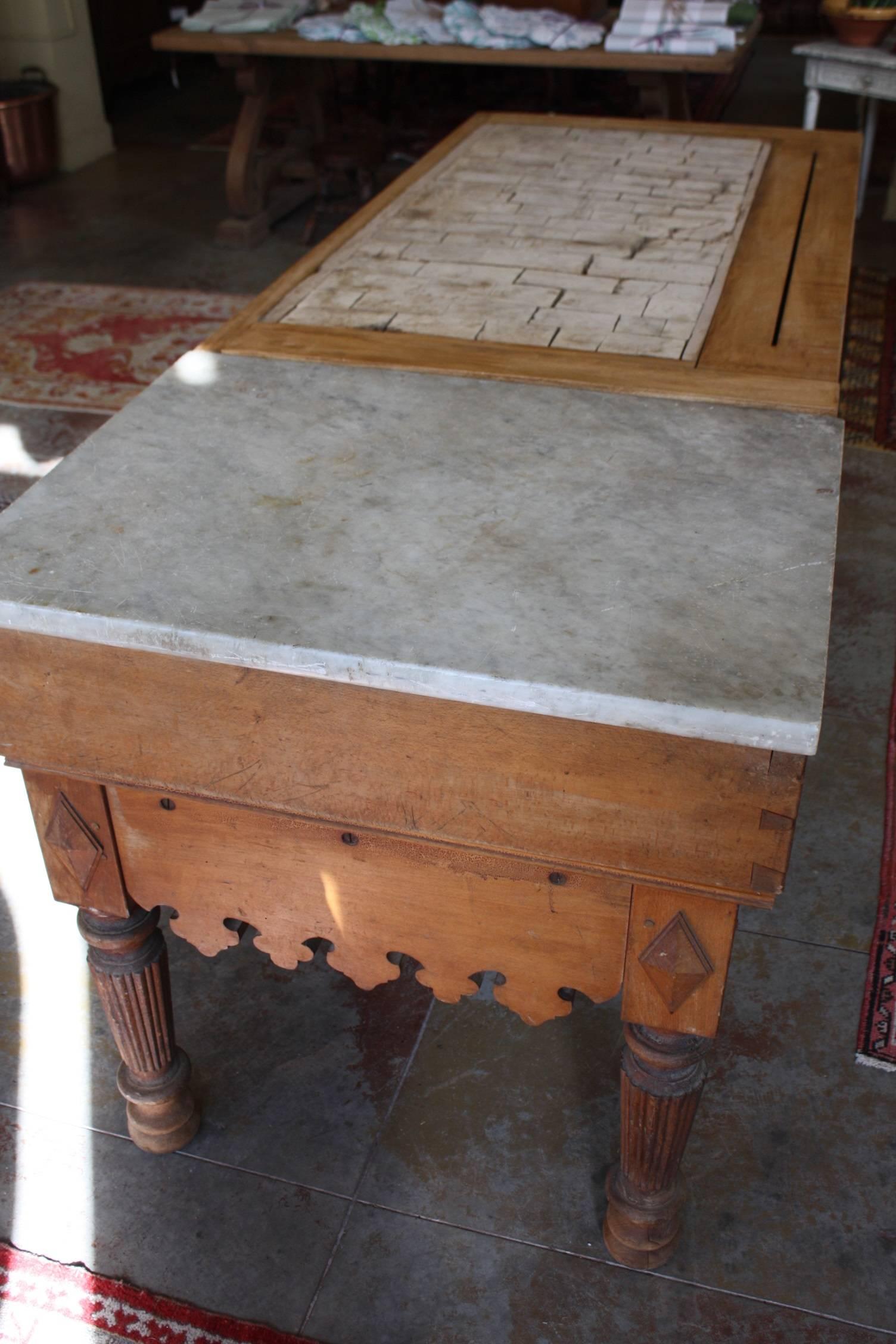 Large 19th Century French Butcher Block Table with Marble 3