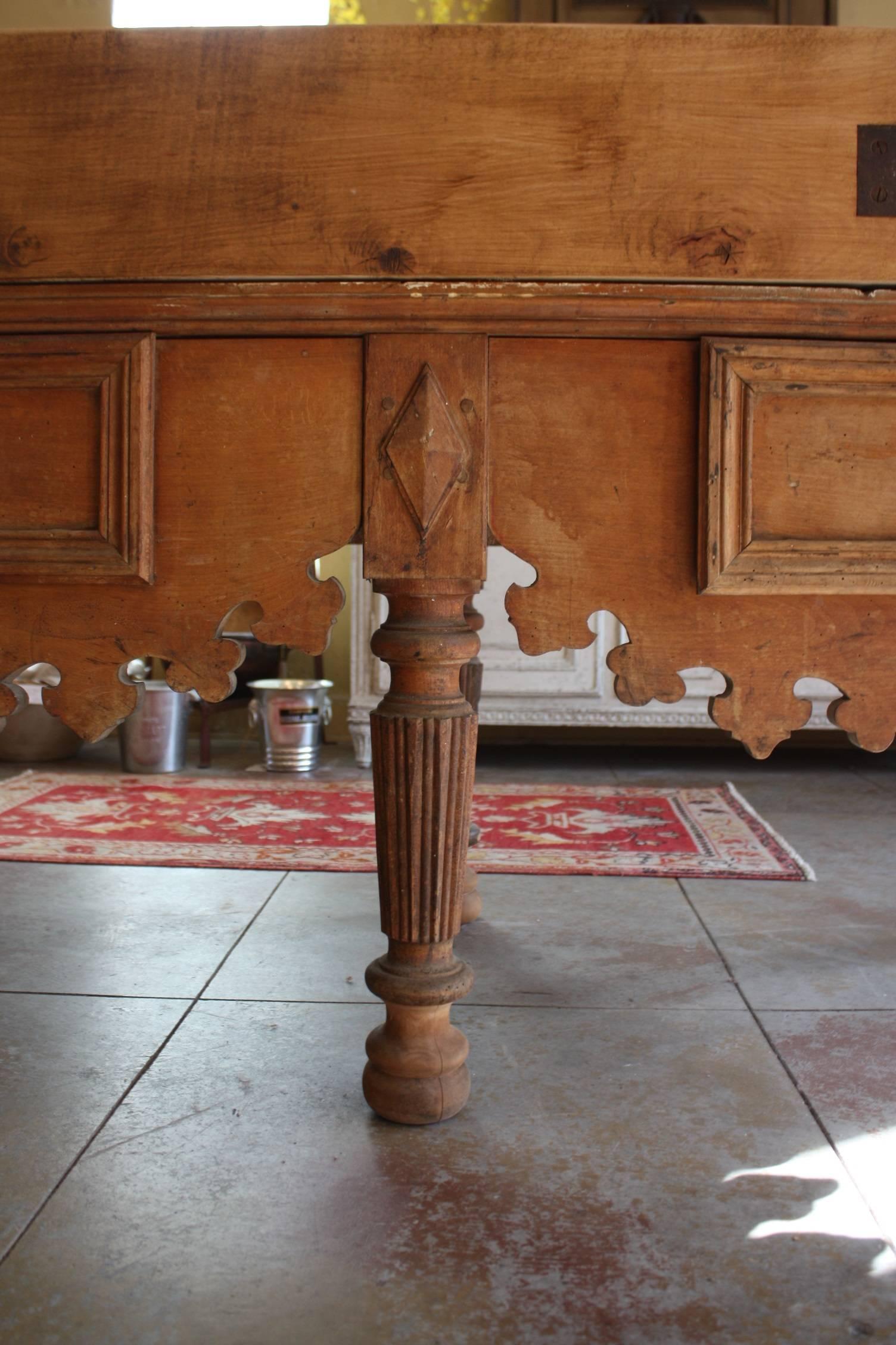 Large 19th Century French Butcher Block Table with Marble 1