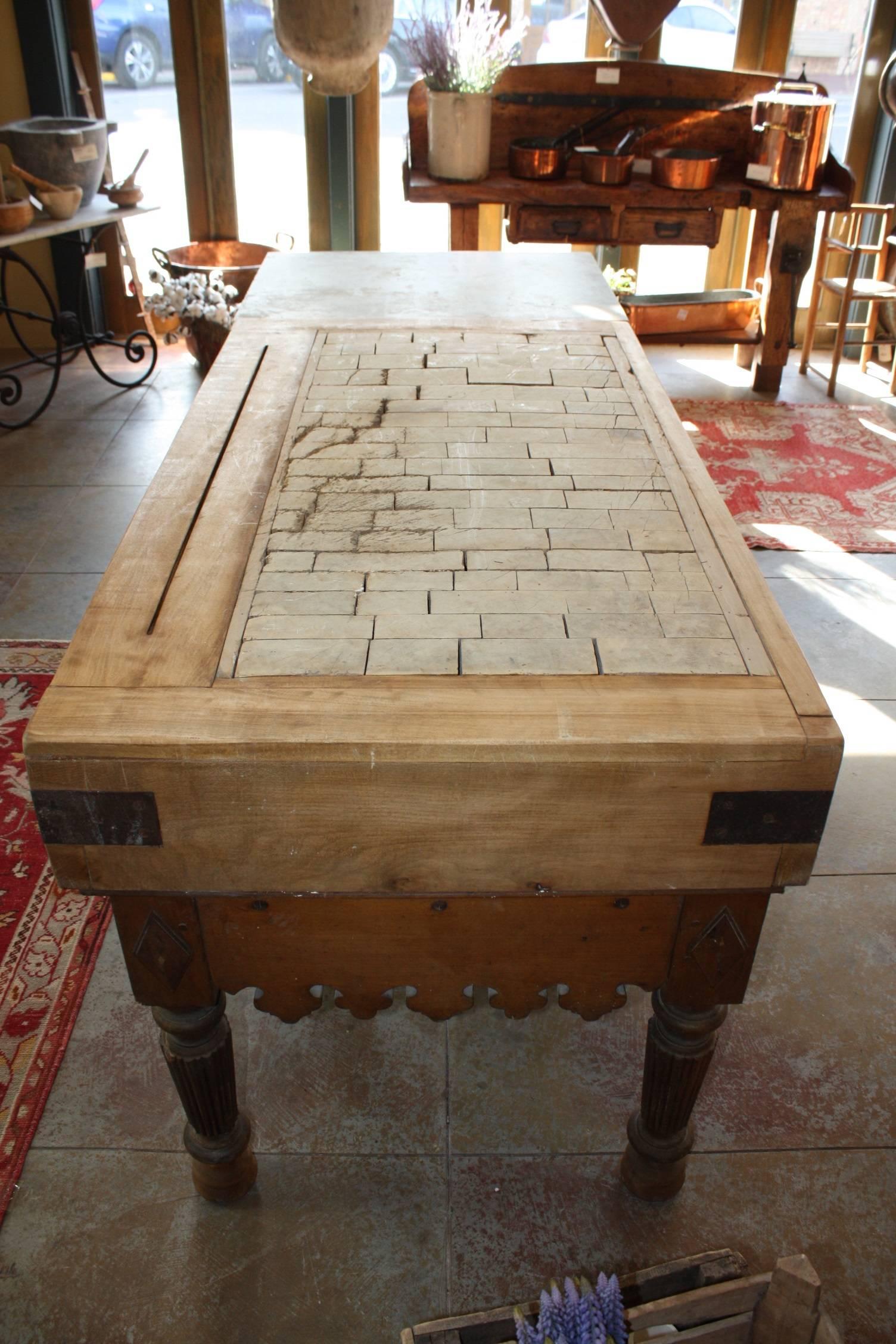 Large 19th Century French Butcher Block Table with Marble 6