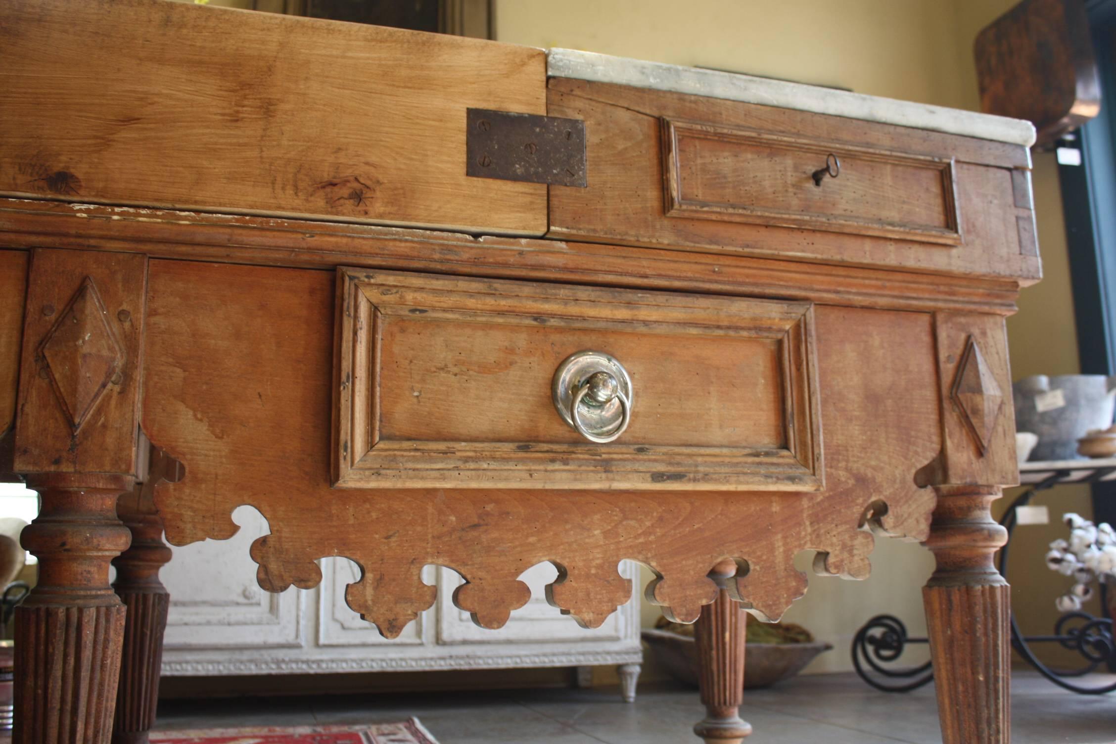 Large 19th Century French Butcher Block Table with Marble 2