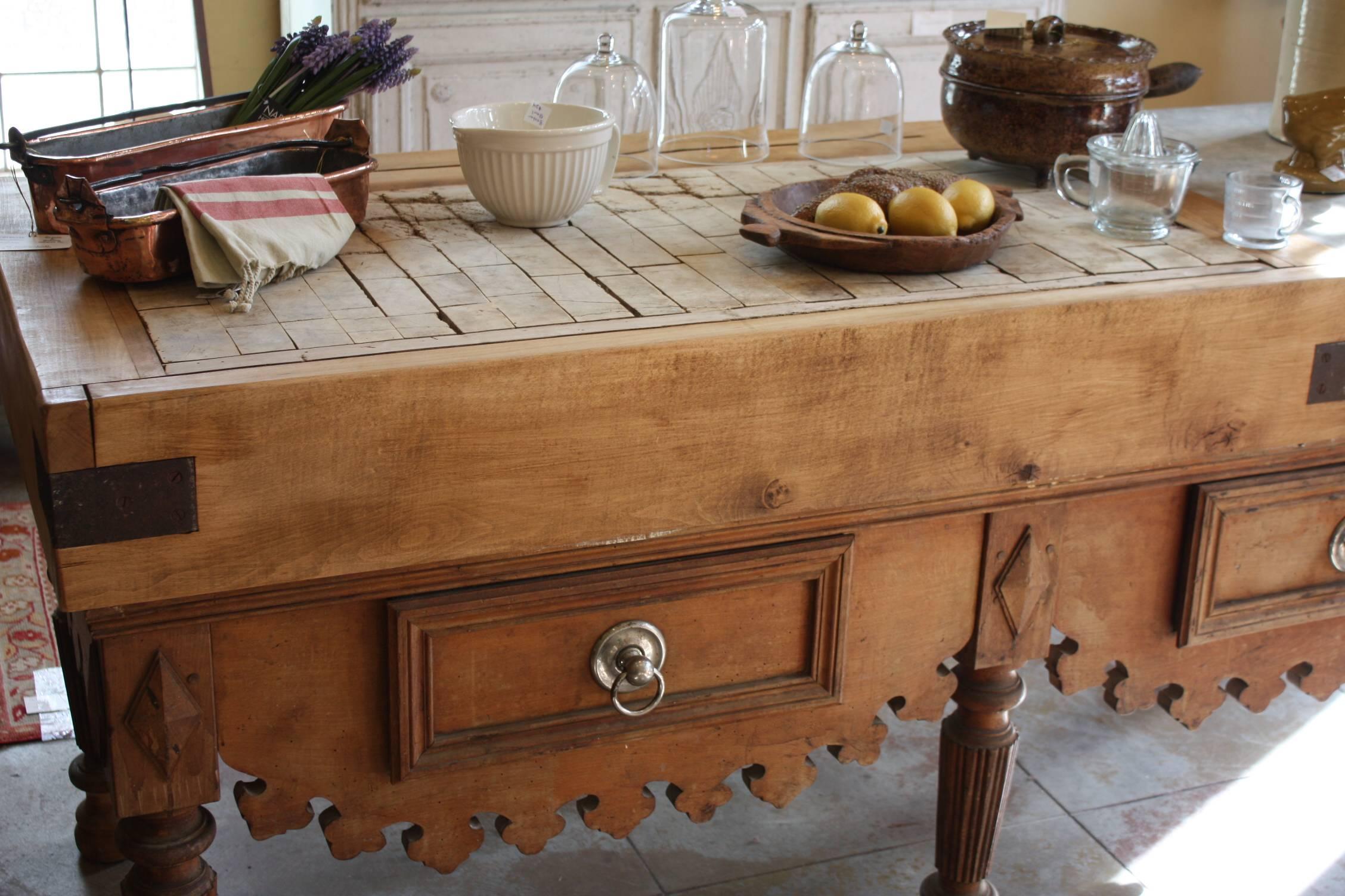 Large 19th Century French Butcher Block Table with Marble 7