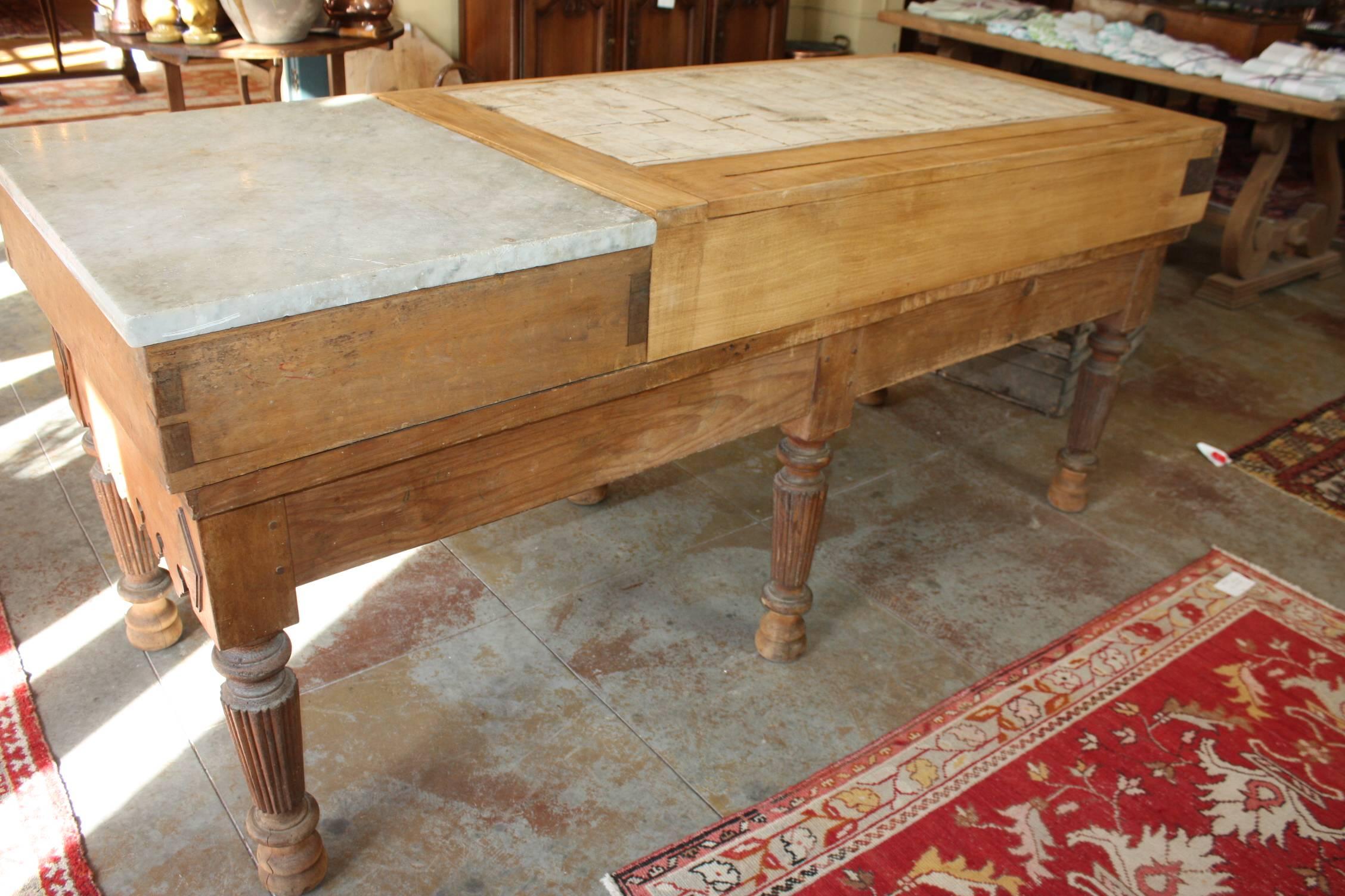 Large 19th Century French Butcher Block Table with Marble 4